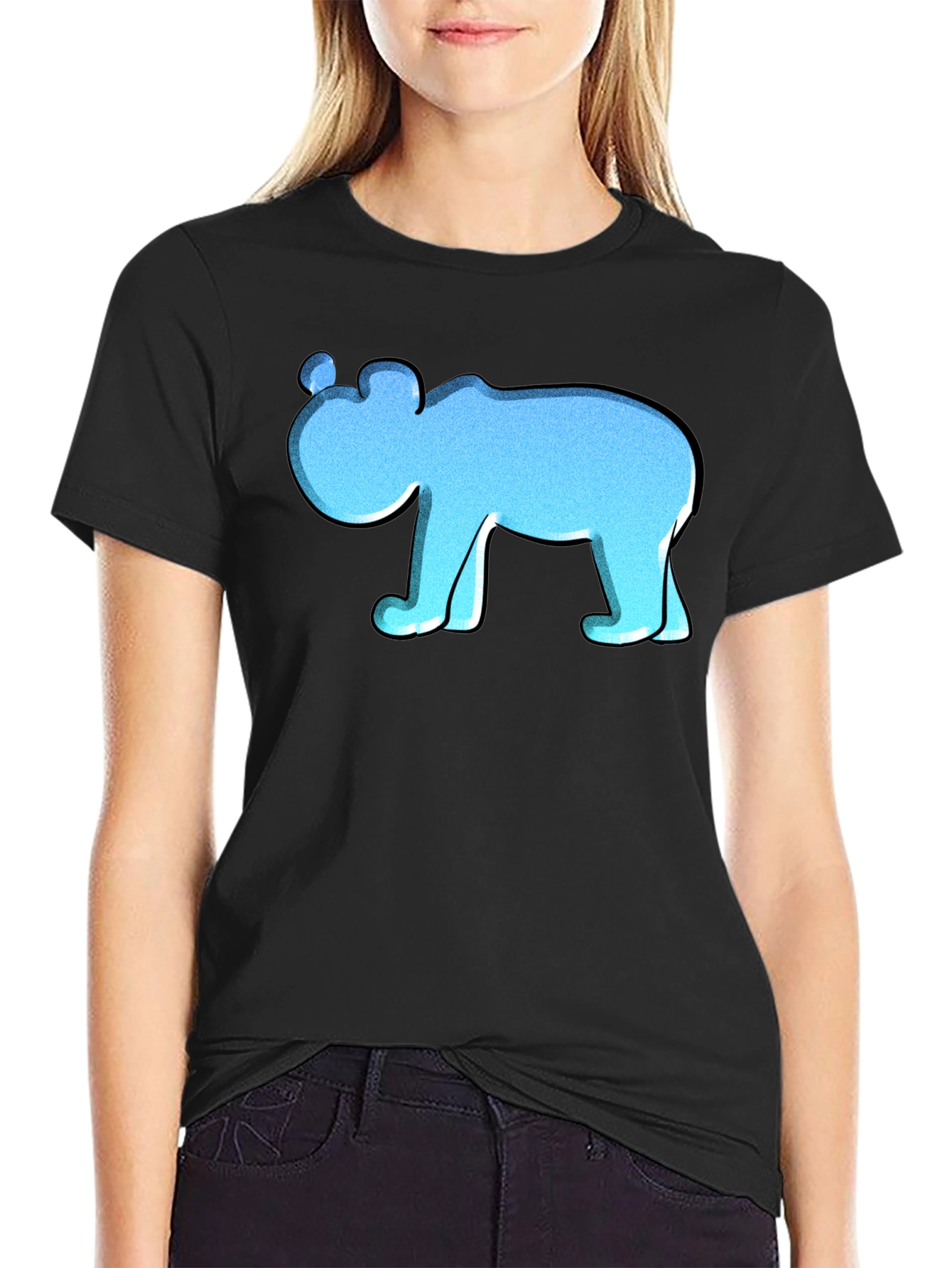 Blue Cartoon Bear Black T-Shirt
