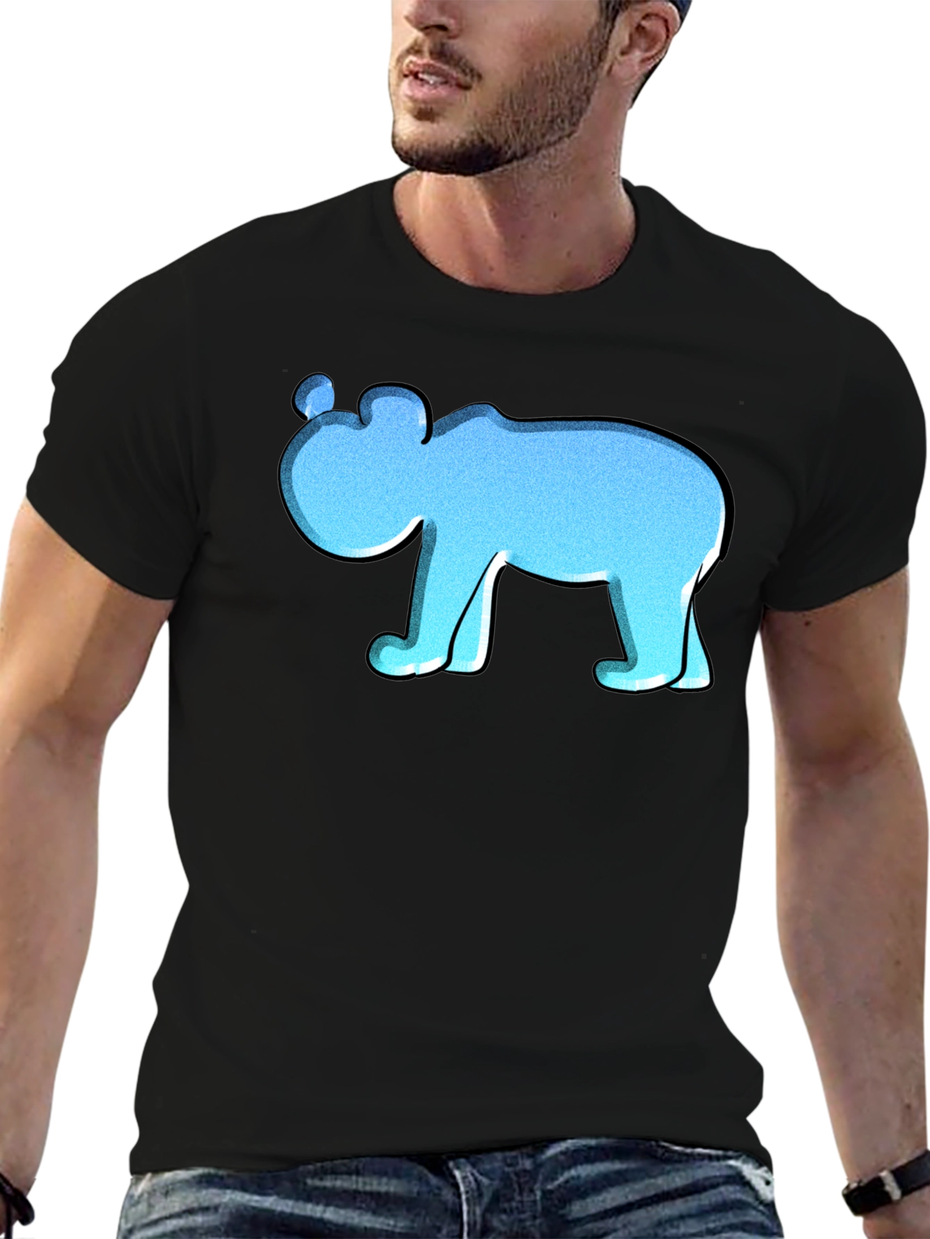 Blue Cartoon Bear Black T-Shirt