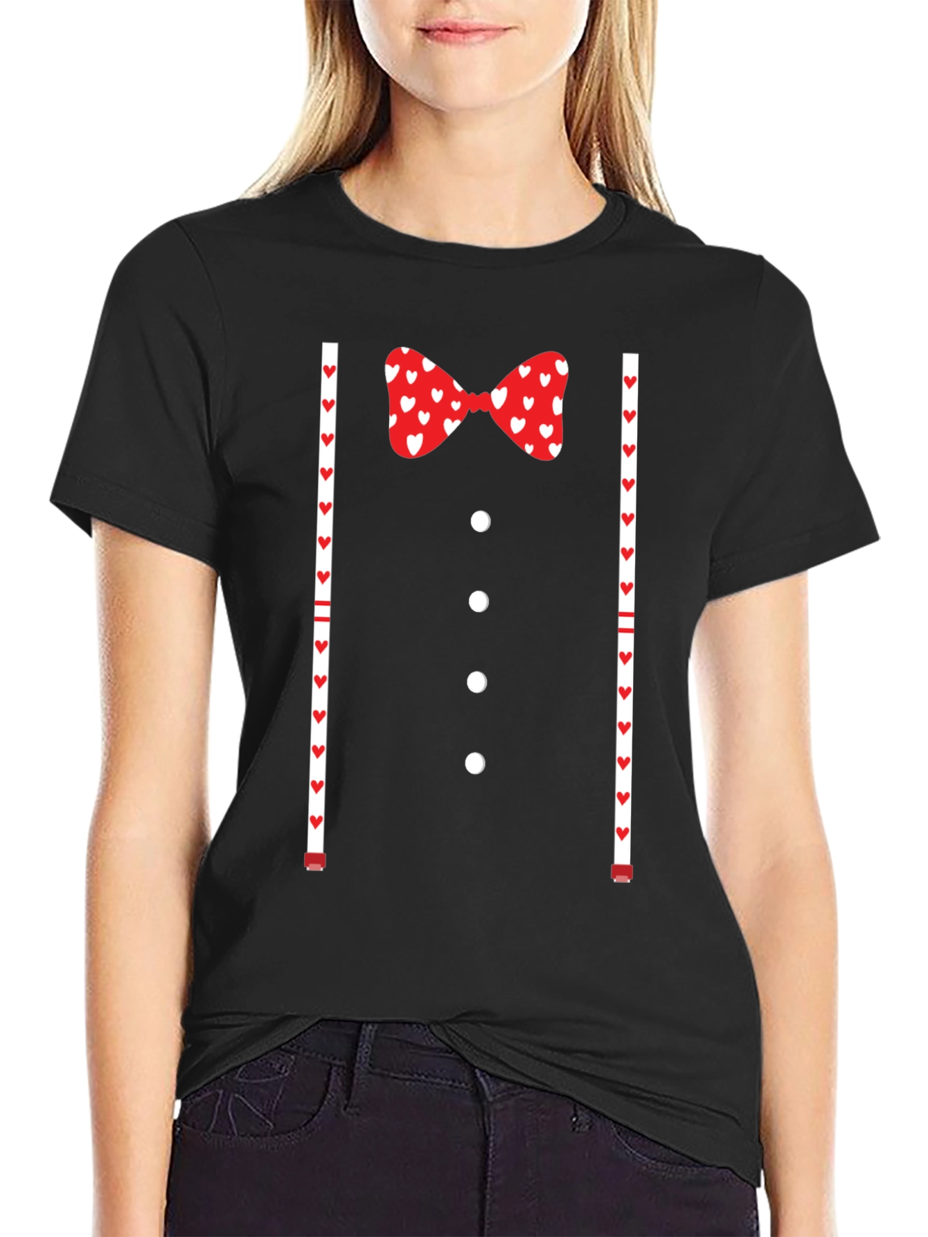 Valentines Tuxedo Bowtie Heart Print T-Shirt