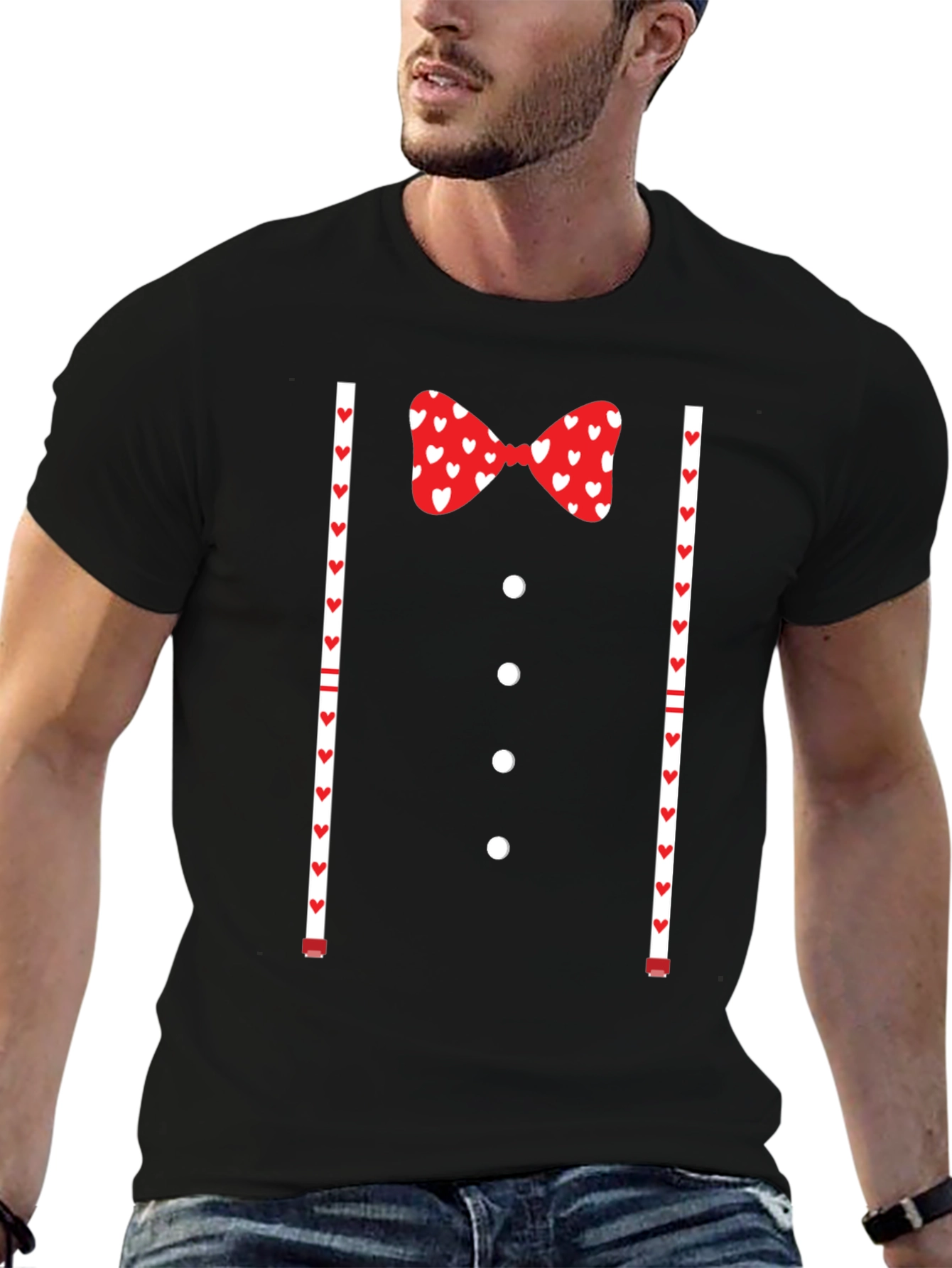 Valentines Tuxedo Bowtie Heart Print T-Shirt