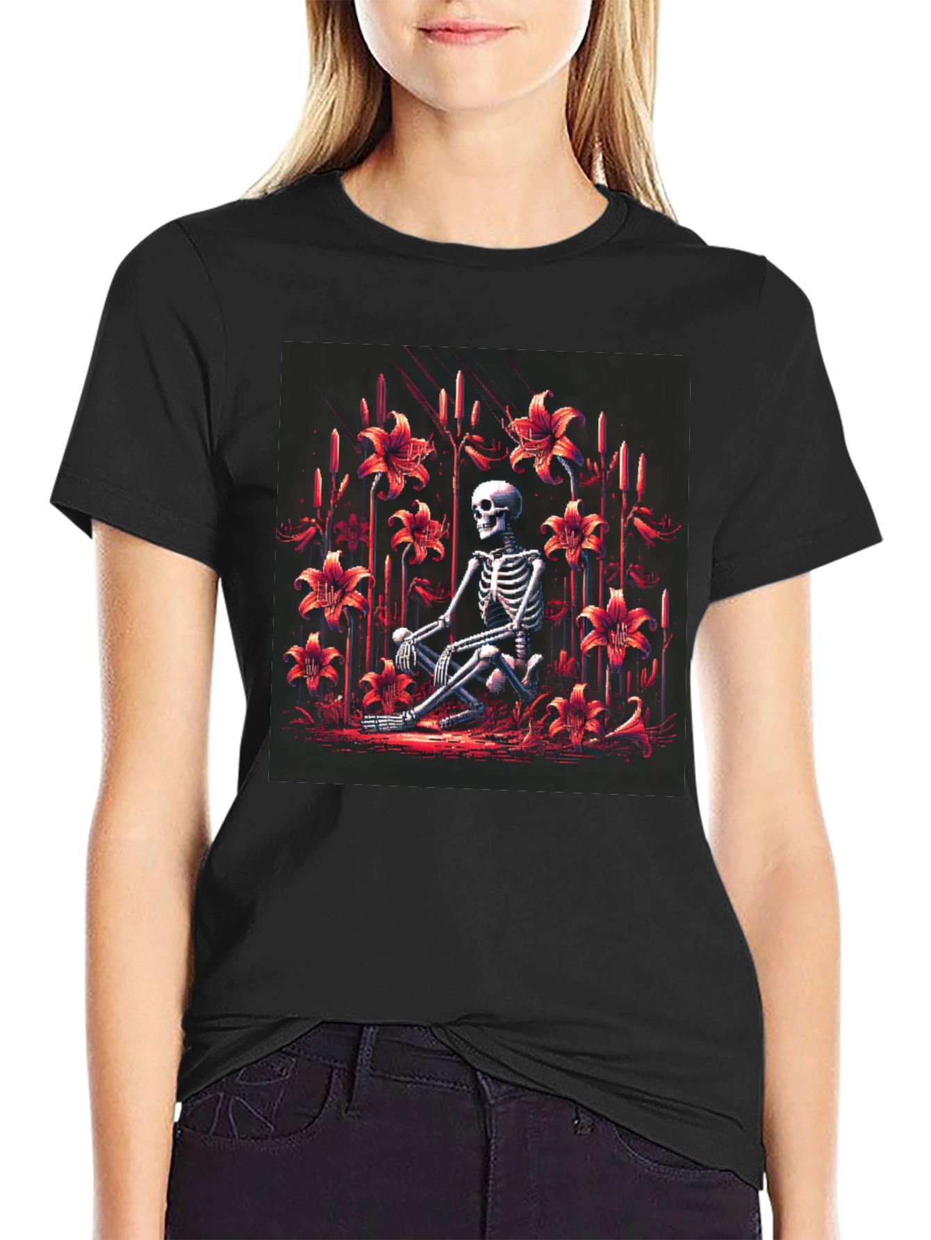 Skeleton in Floral Garden Graphic T-Shirt