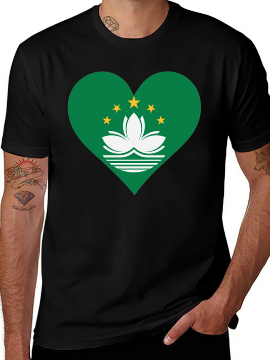 Macau Flag Heart T-Shirt - Black Cotton Blend