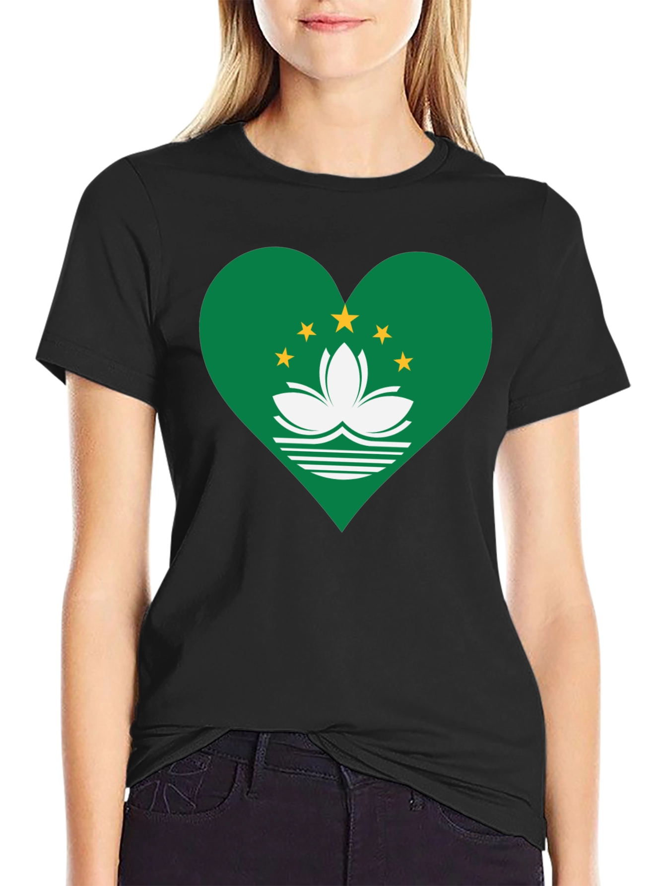 Macau Flag Heart T-Shirt - Black Cotton Blend