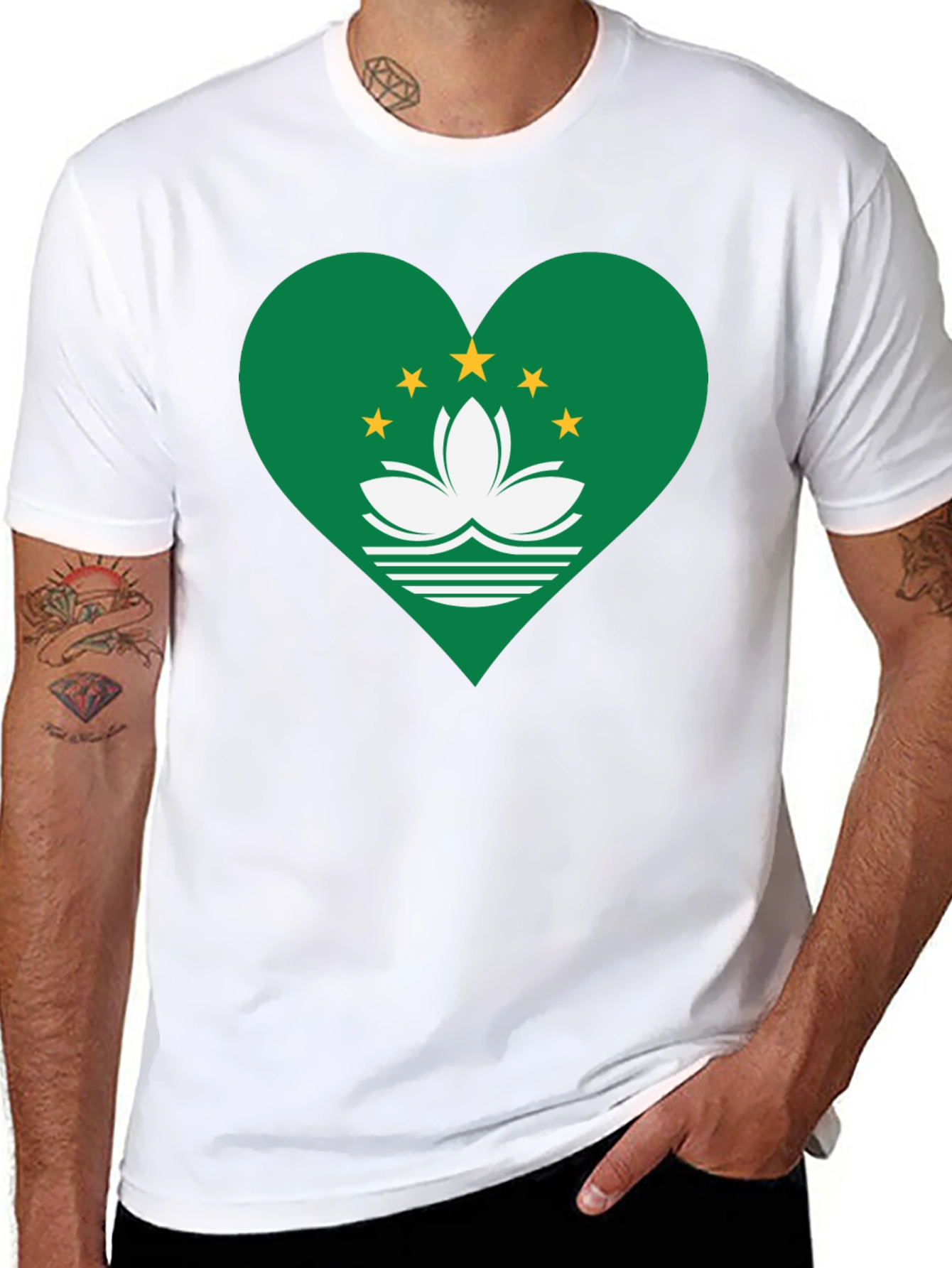 Macau Flag Heart T-Shirt - Black Cotton Blend