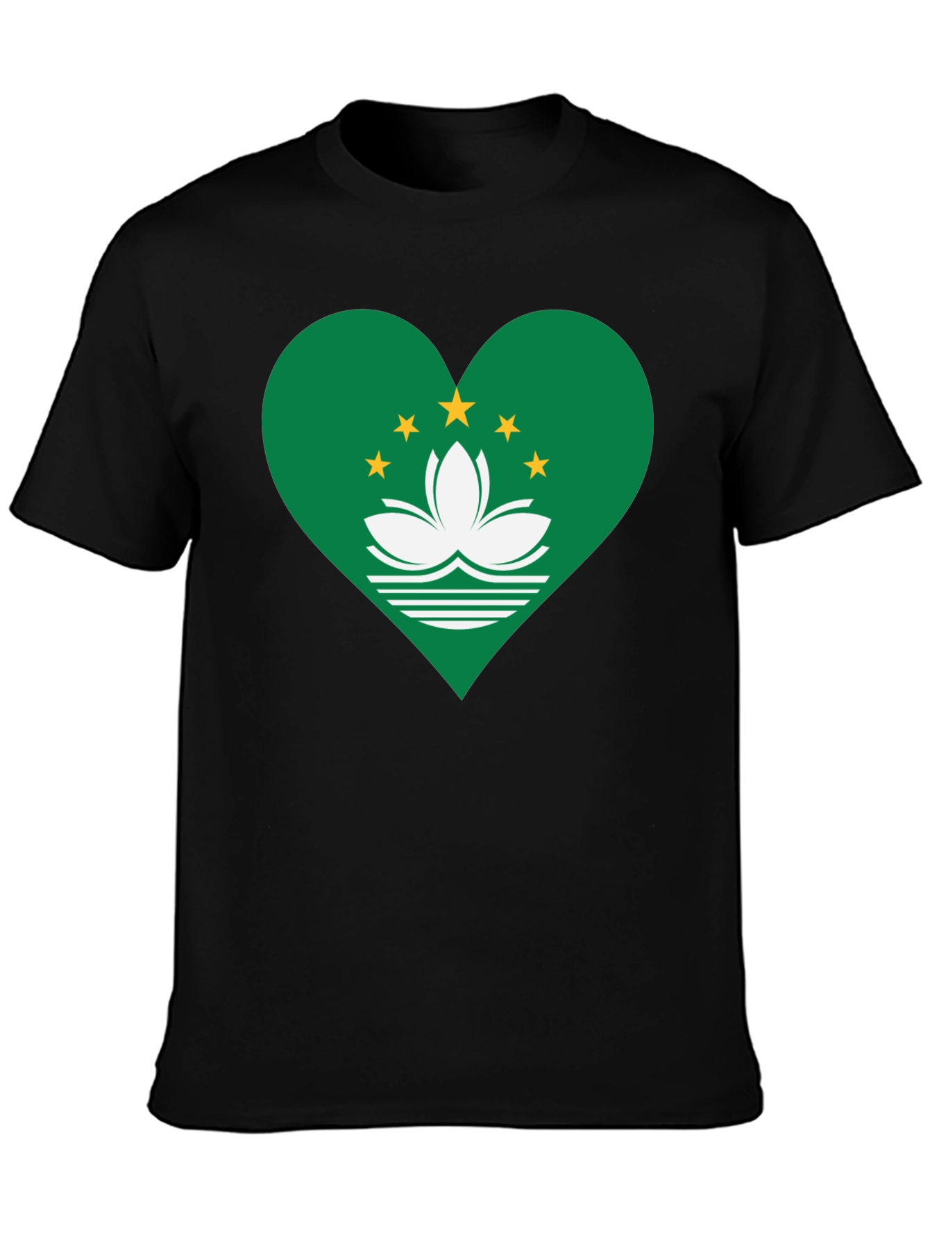 Macau Flag Heart T-Shirt - Black Cotton Blend