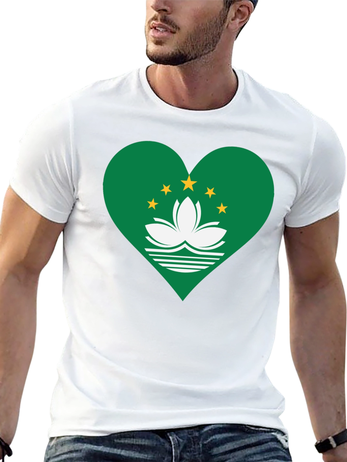 Macau Flag Heart T-Shirt - Black Cotton Blend