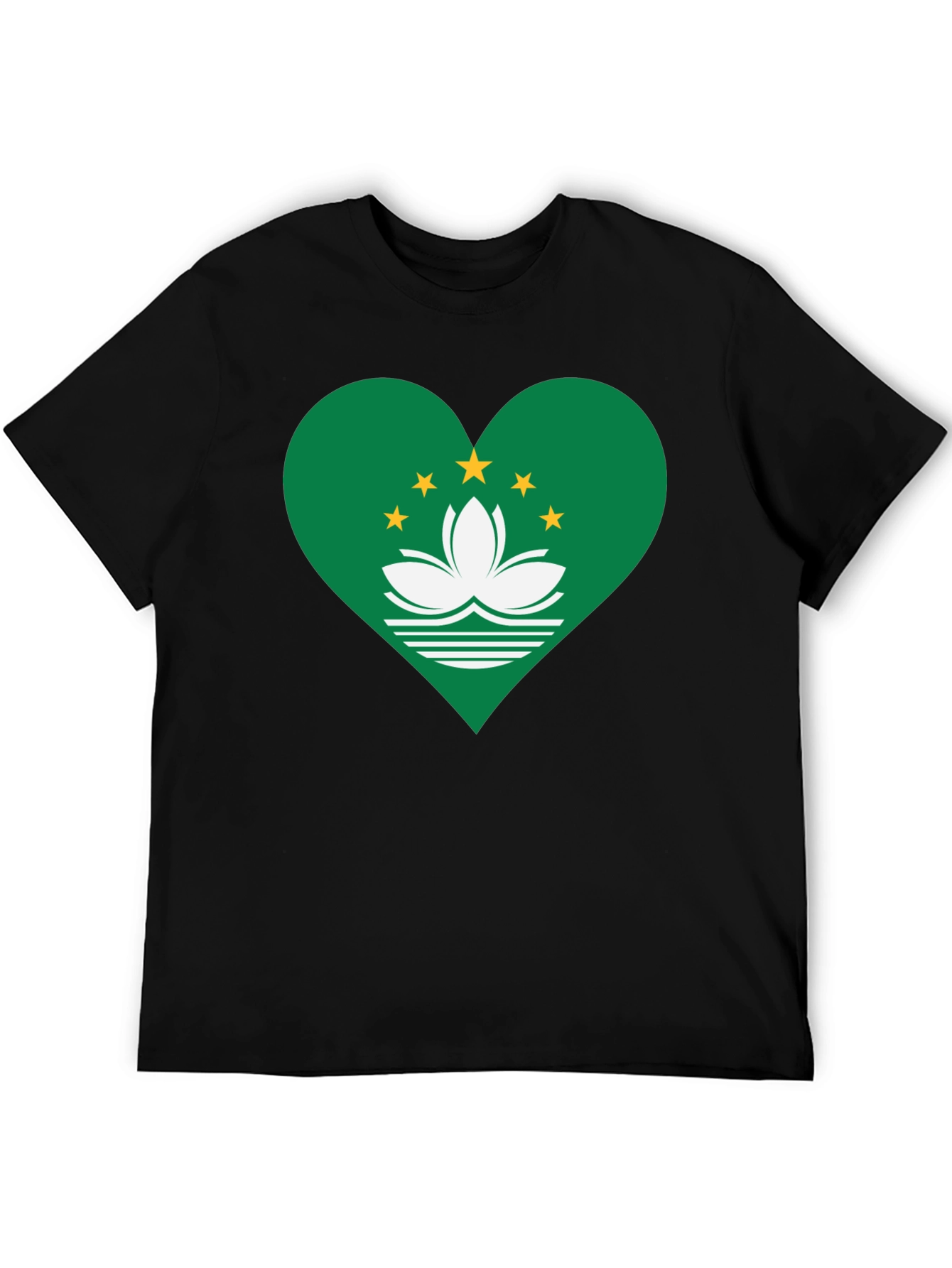 Macau Flag Heart T-Shirt - Black Cotton Blend