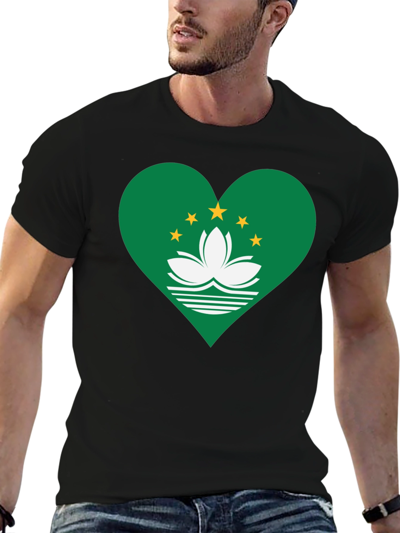 Macau Flag Heart T-Shirt - Black Cotton Blend