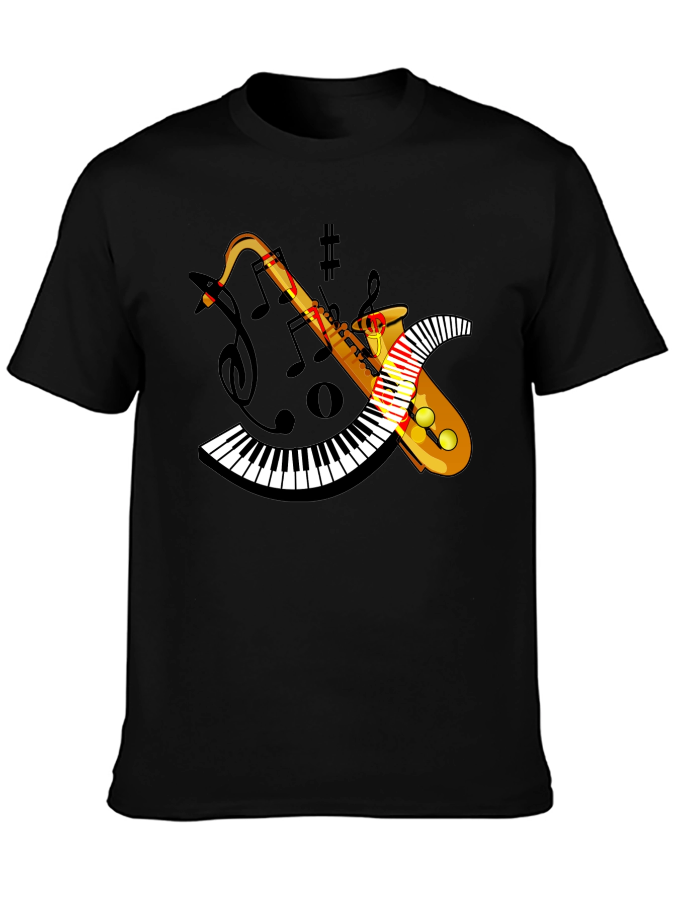 Musical Saxophone Piano T-Shirt - Black Cotton Blend