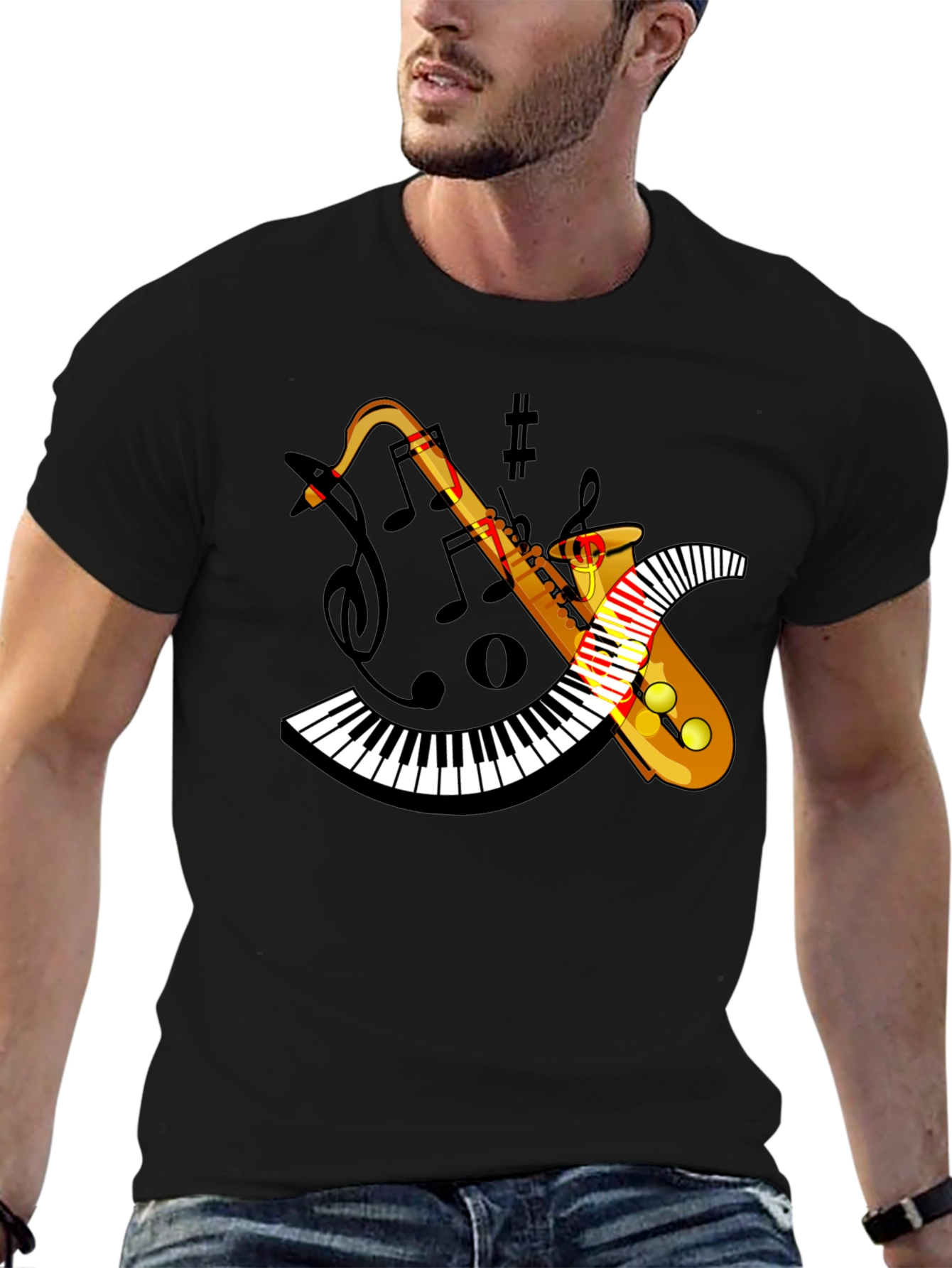 Musical Saxophone Piano T-Shirt - Black Cotton Blend