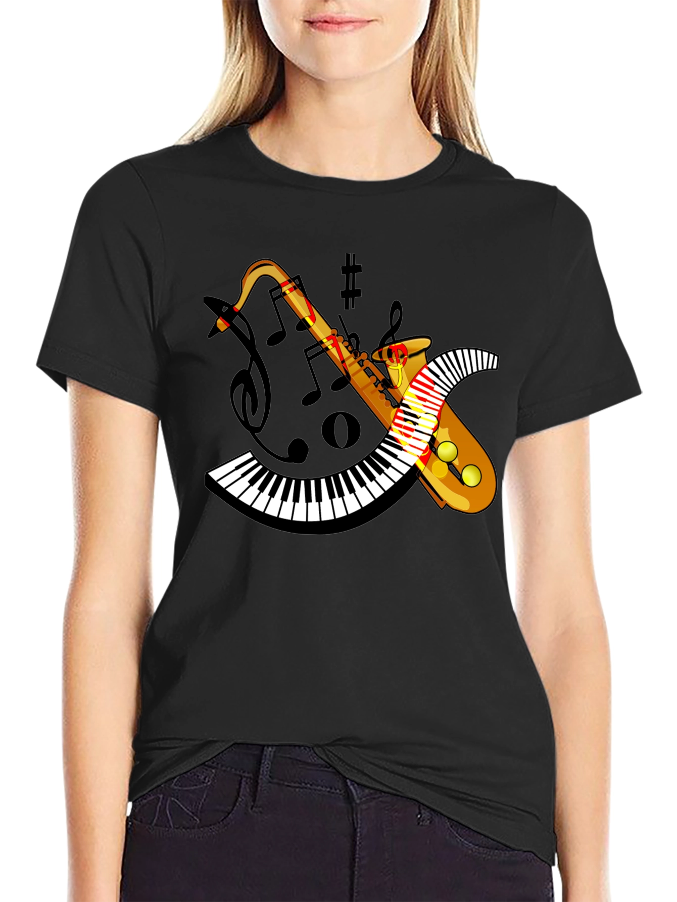 Musical Saxophone Piano T-Shirt - Black Cotton Blend