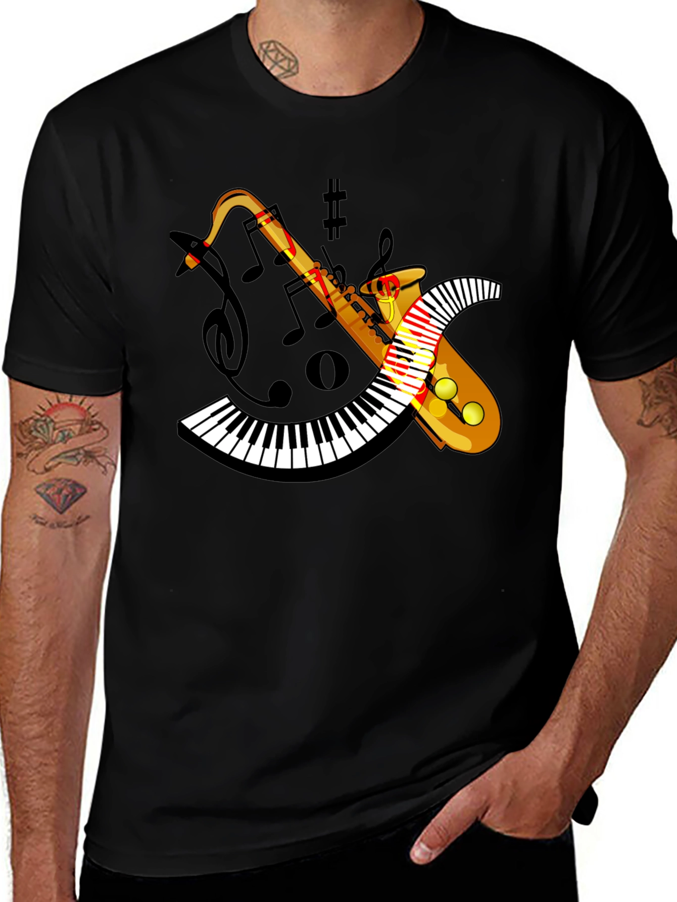 Musical Saxophone Piano T-Shirt - Black Cotton Blend