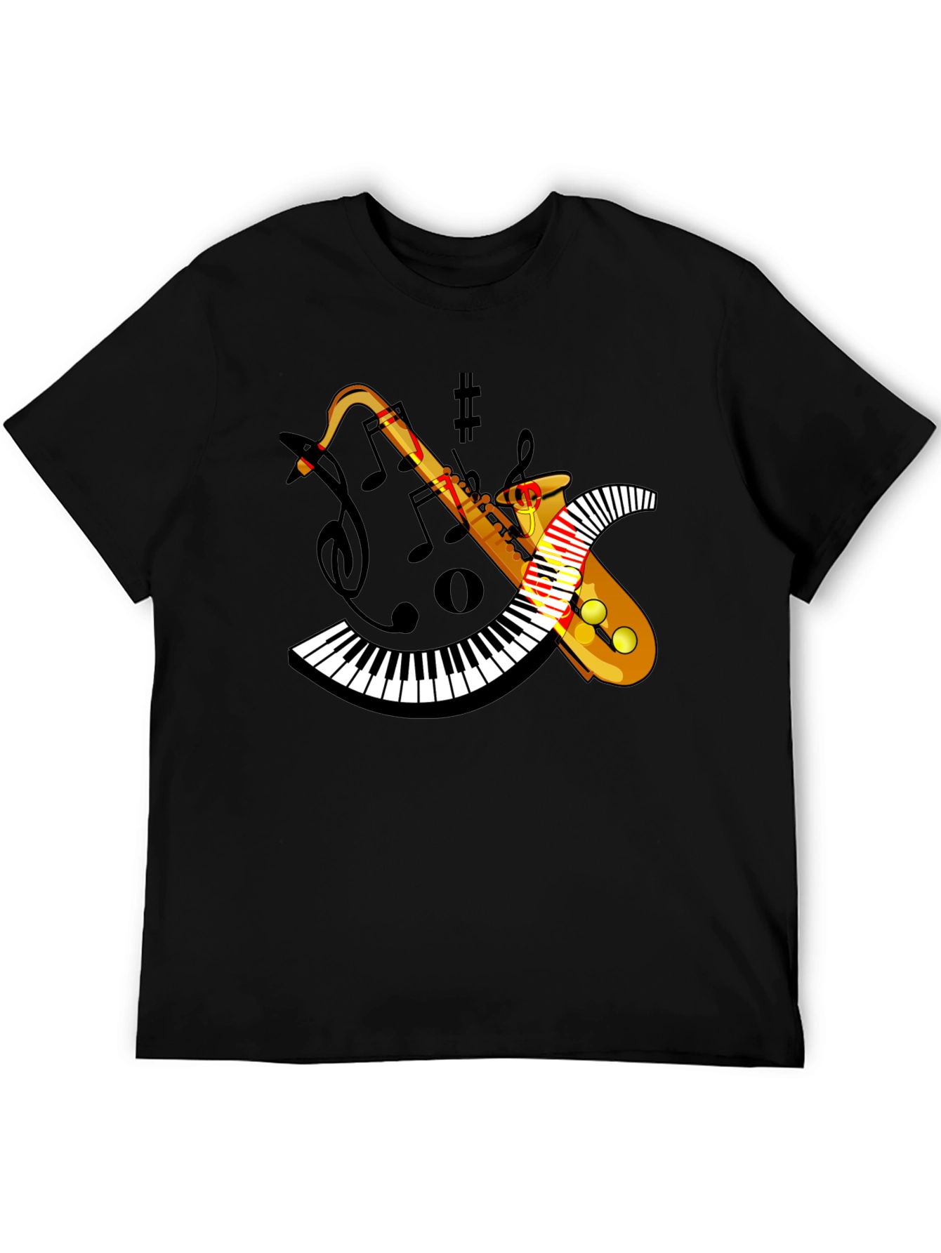 Musical Saxophone Piano T-Shirt - Black Cotton Blend