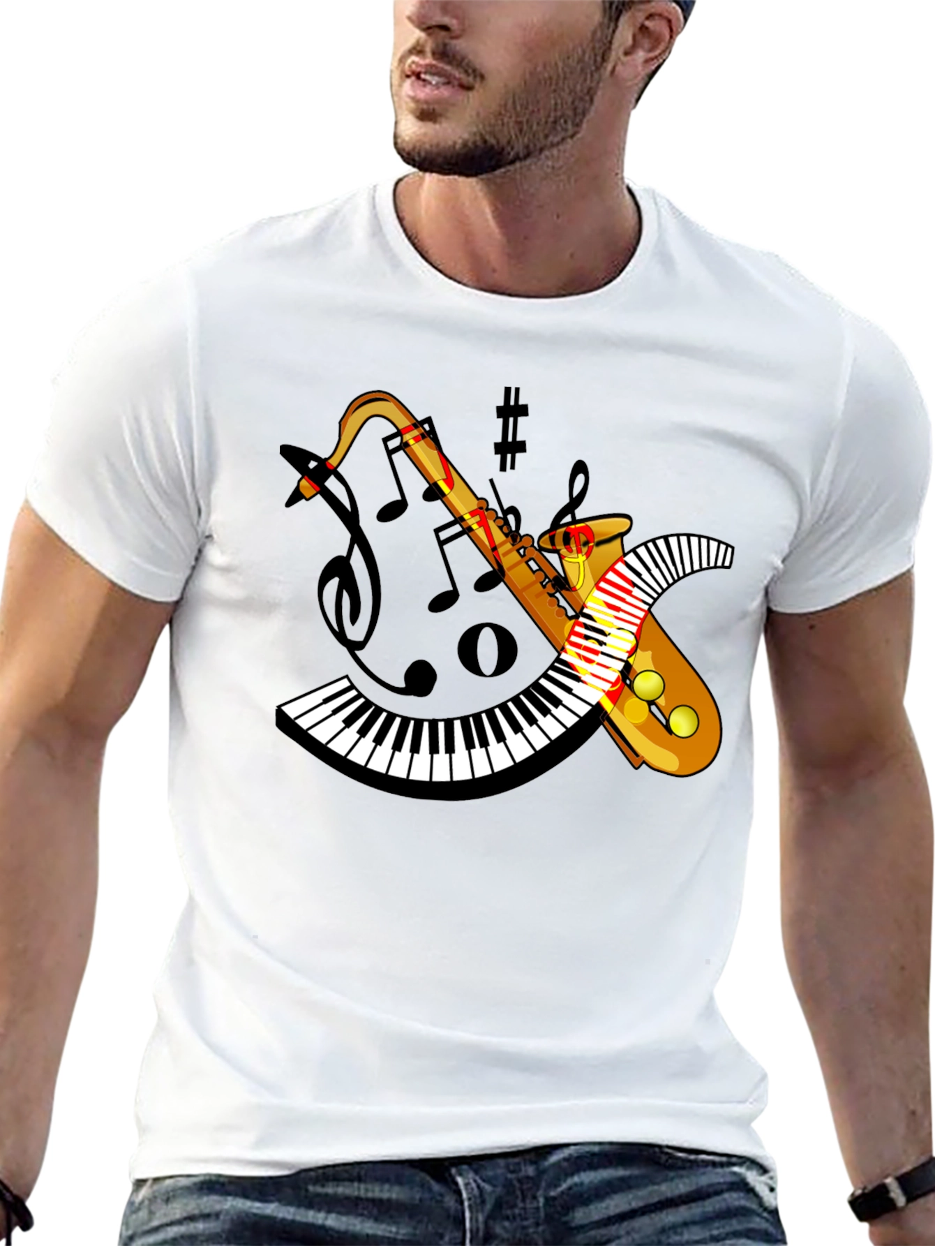 Musical Saxophone Piano T-Shirt - Black Cotton Blend