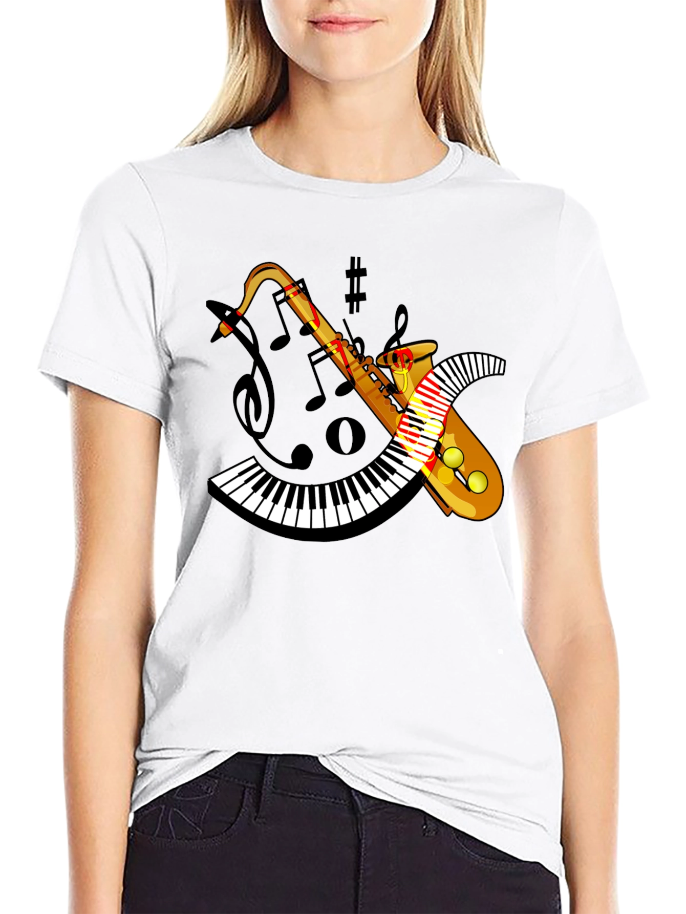Musical Saxophone Piano T-Shirt - Black Cotton Blend