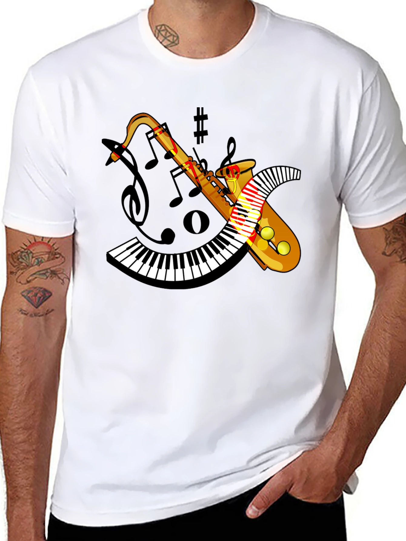 Musical Saxophone Piano T-Shirt - Black Cotton Blend