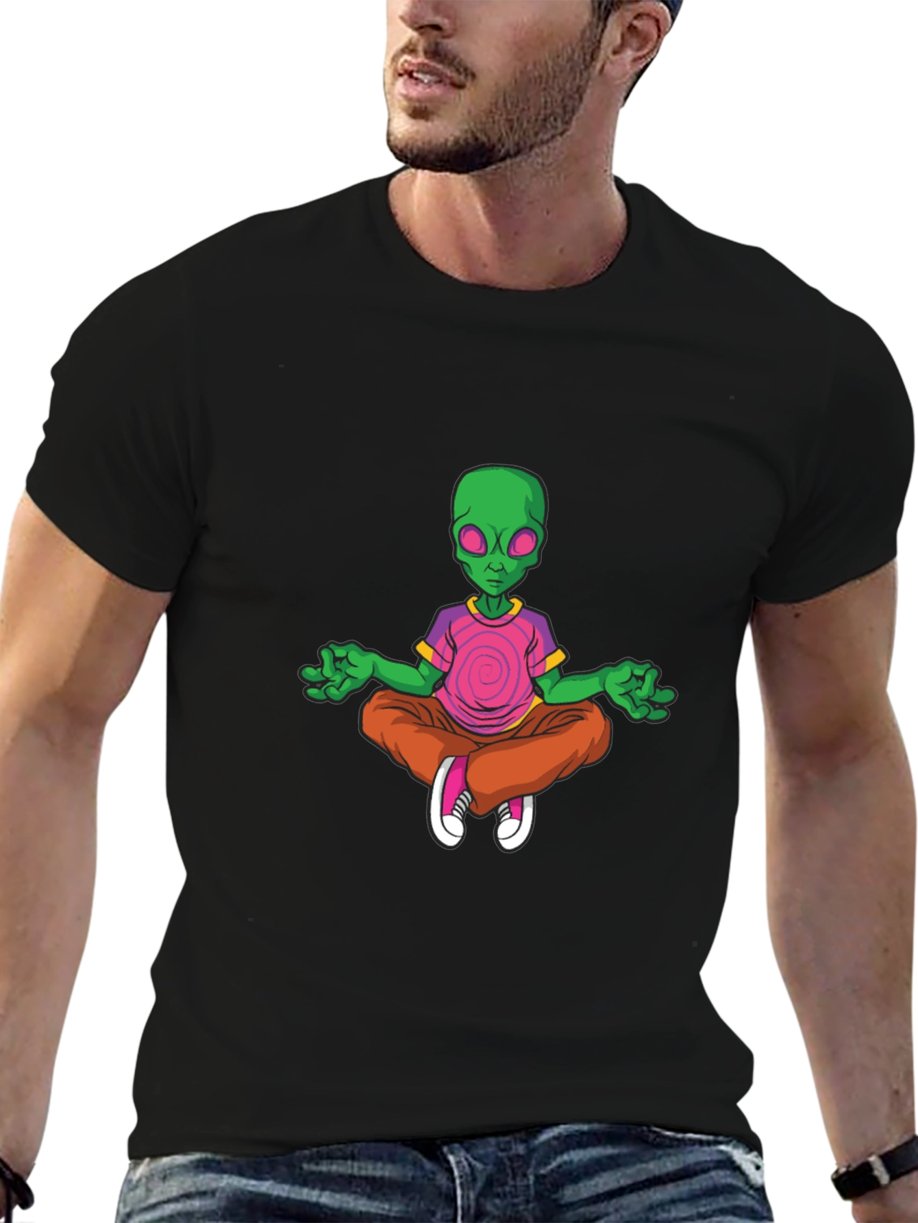 Meditating Alien Graphic Tee - Relaxed Fit Black