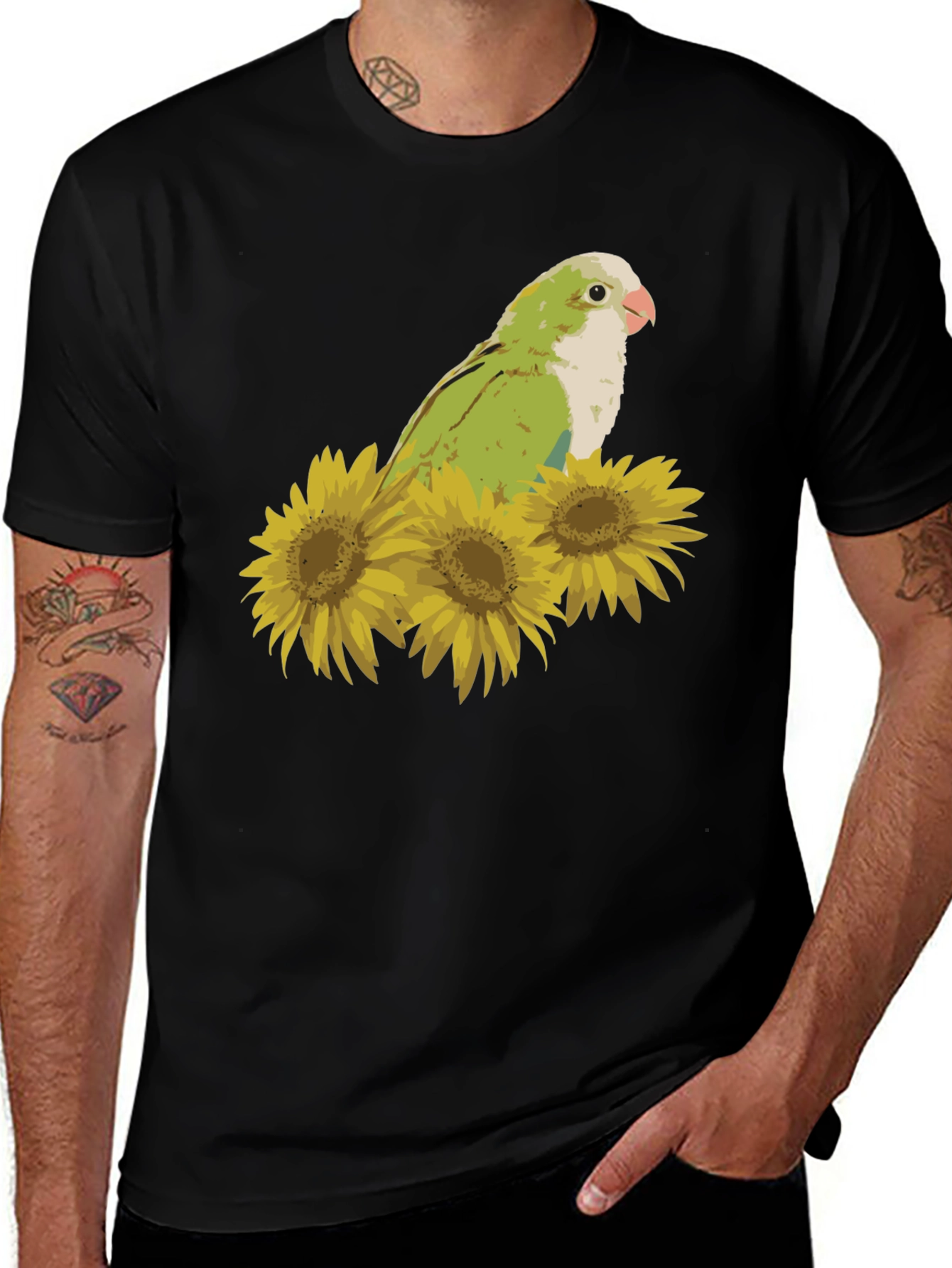 Parrot & Sunflower Graphic Tee - Unisex Black T-Shirt