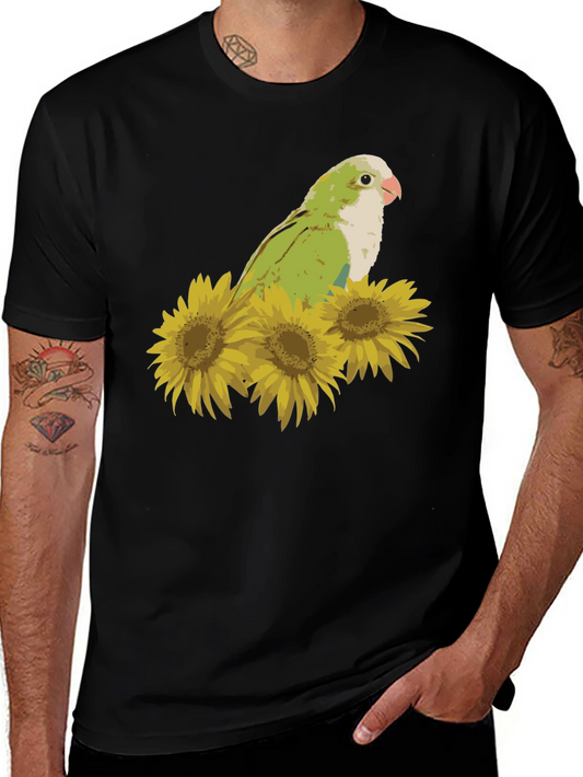 Parrot & Sunflower Graphic Tee - Unisex Black T-Shirt