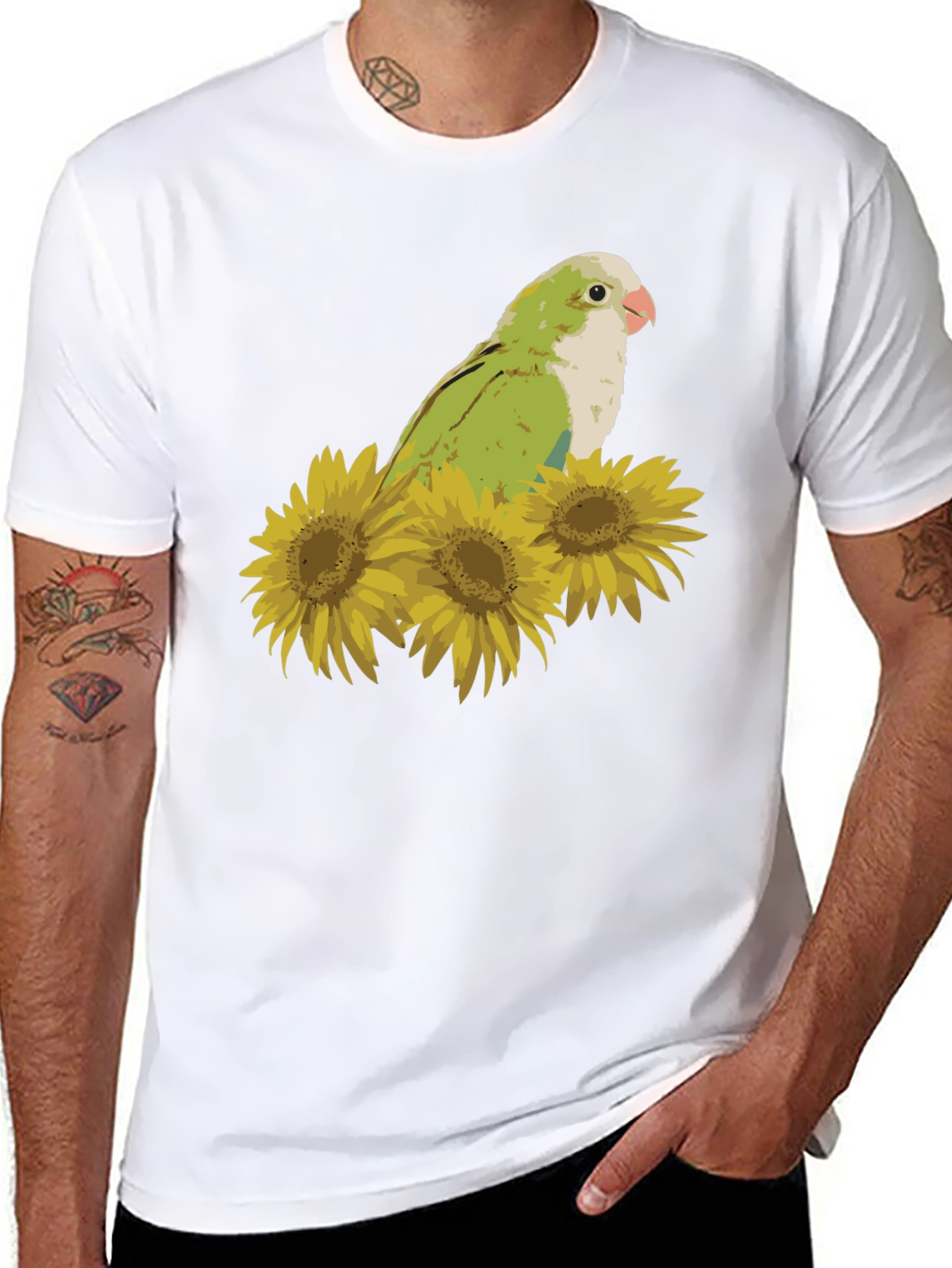Parrot & Sunflower Graphic Tee - Unisex Black T-Shirt