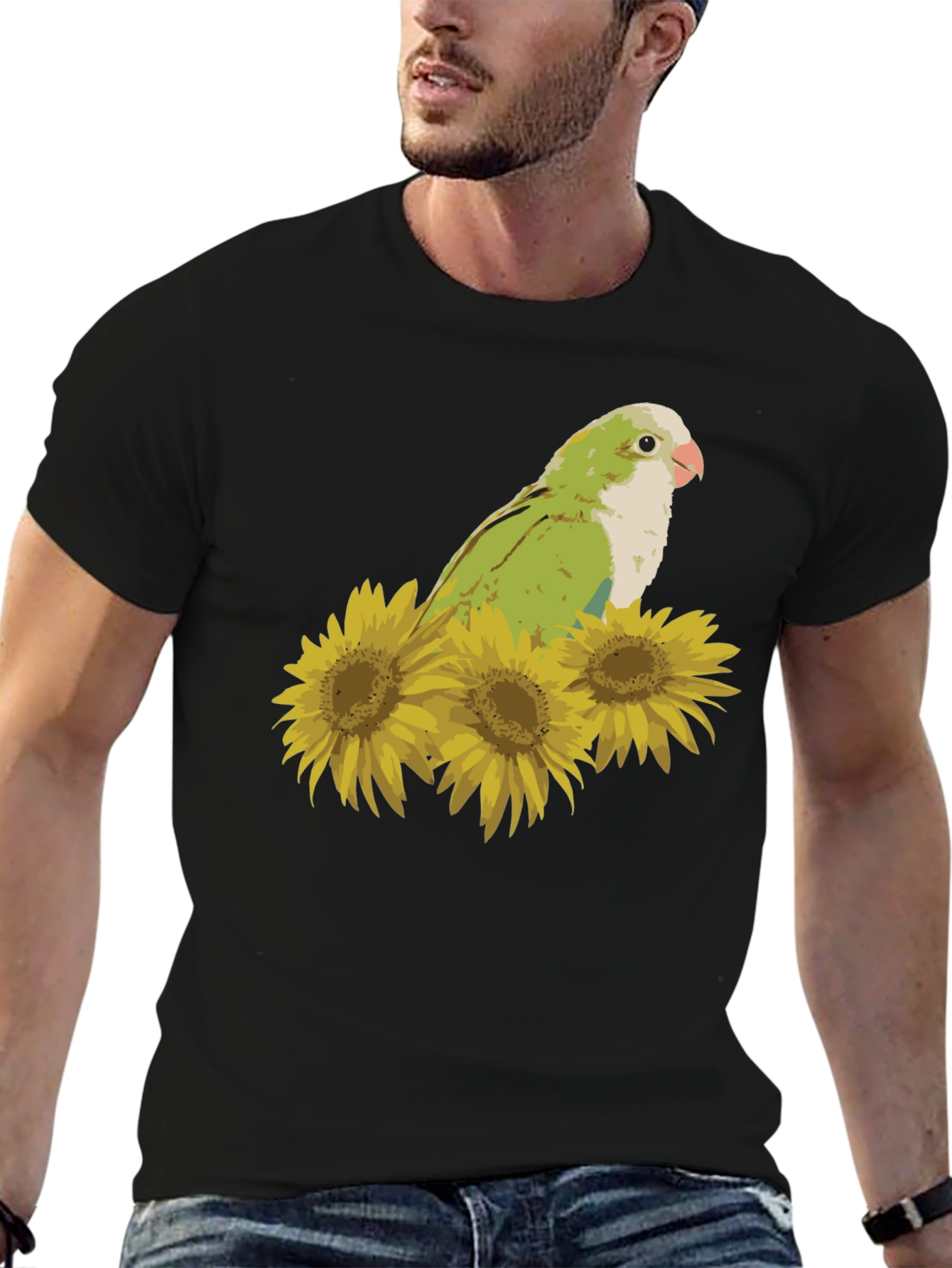 Parrot & Sunflower Graphic Tee - Unisex Black T-Shirt