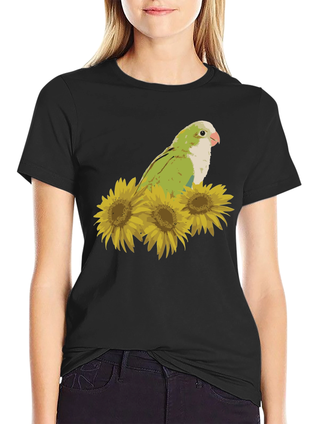 Parrot & Sunflower Graphic Tee - Unisex Black T-Shirt