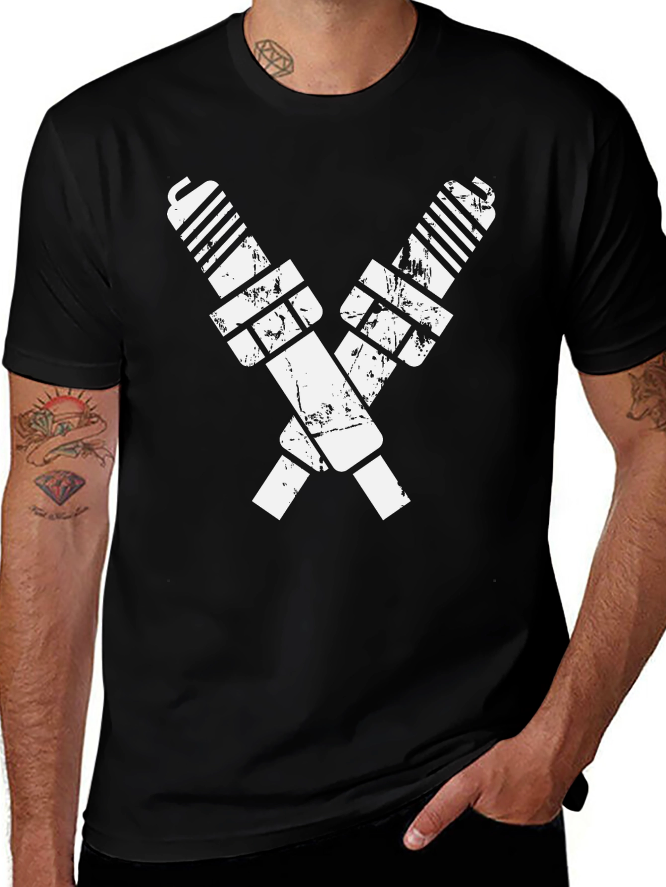 Black T-Shirt with Crossed Spark Plugs