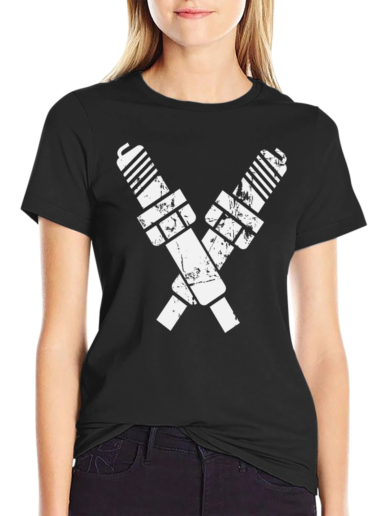 Black T-Shirt with Crossed Spark Plugs