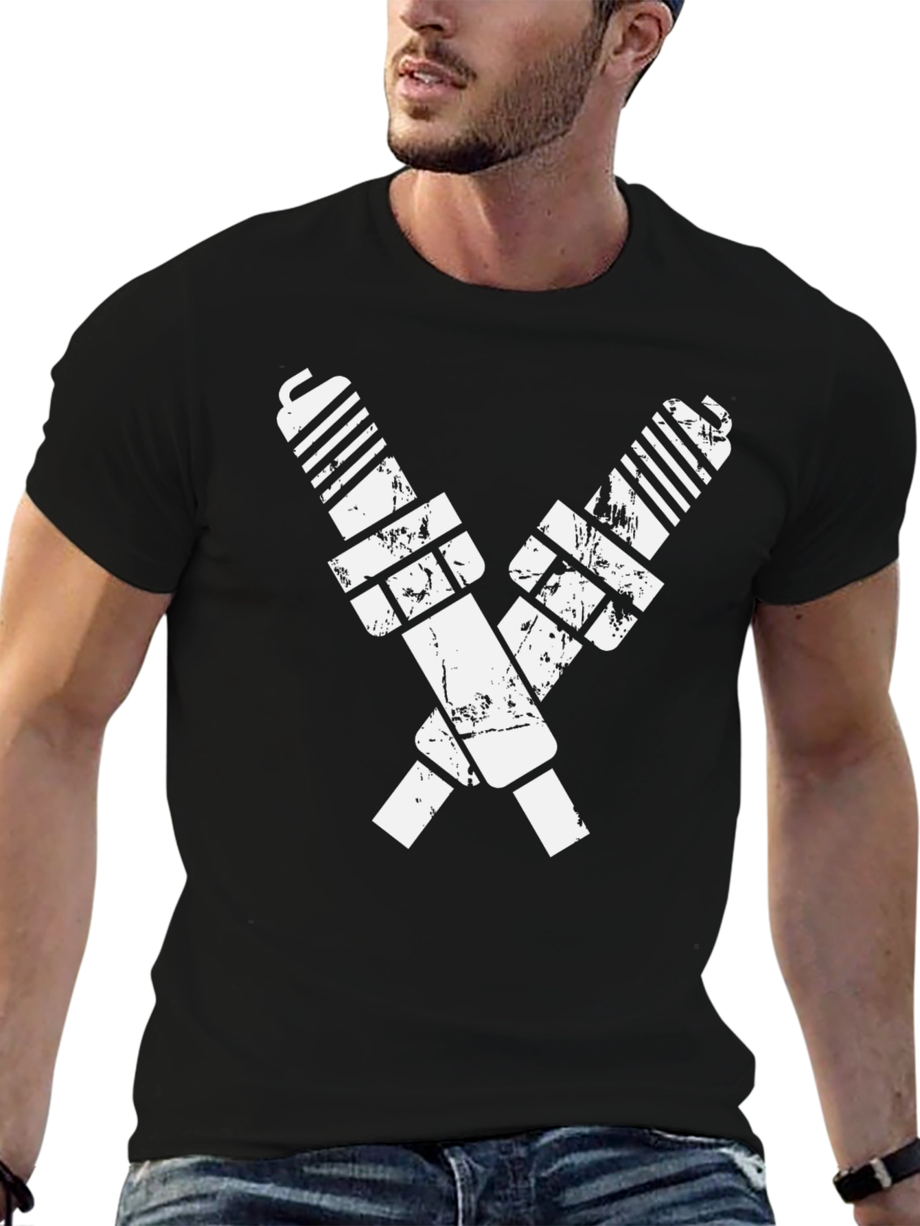 Black T-Shirt with Crossed Spark Plugs
