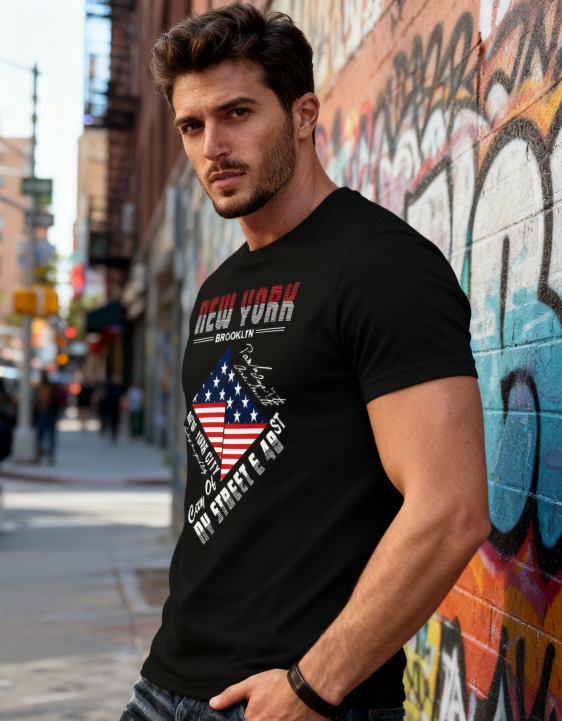 New York Brooklyn American Flag T-Shirt - 100% Cotton, Retro Urban Tee for Travel, Casual Wear & City Adventures