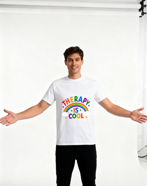 Therapy Is Cool Rainbow T-Shirt - 100% Cotton, Mental Health Awareness Tee for Daily & Casual Occasions