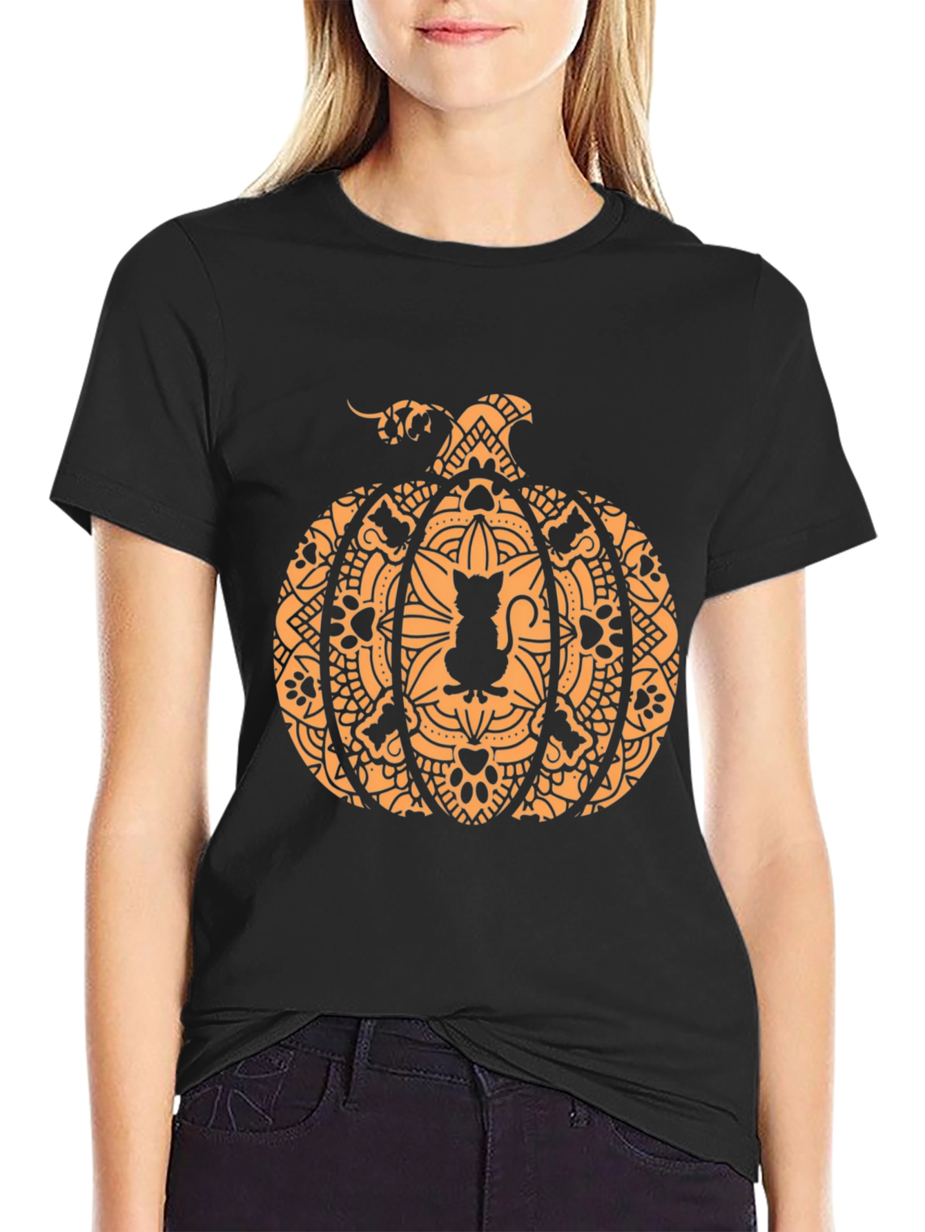 Halloween Cat Pumpkin Graphic Tee - Spooky Season Style!