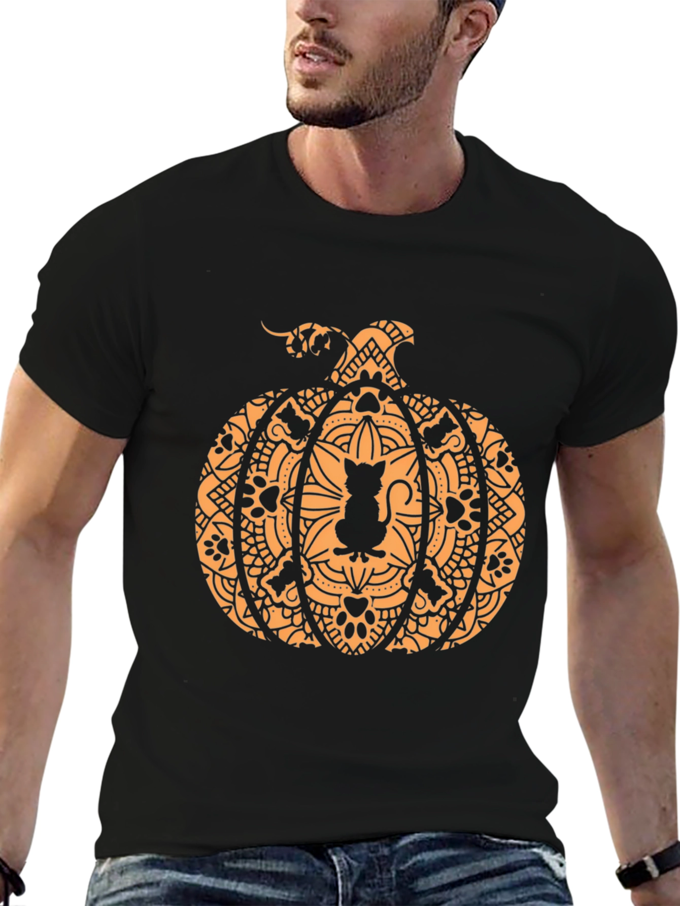 Halloween Cat Pumpkin Graphic Tee - Spooky Season Style!
