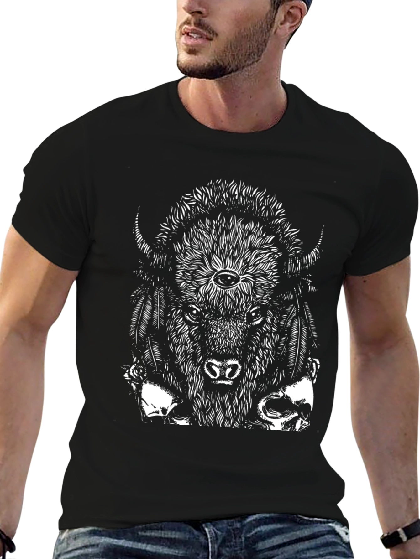 Bison Skull Graphic Tee - Black Cotton T-Shirt