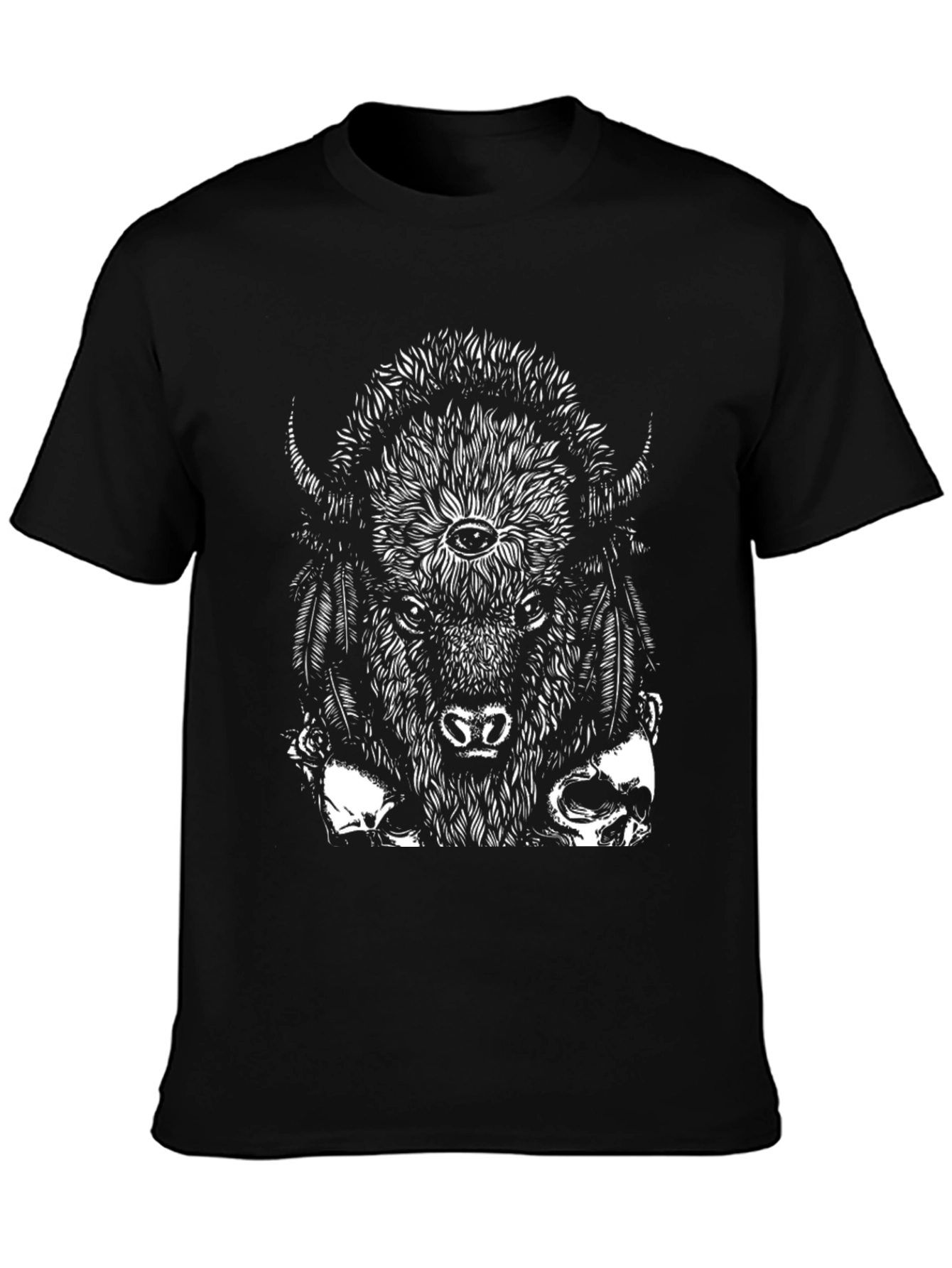 Bison Skull Graphic Tee - Black Cotton T-Shirt