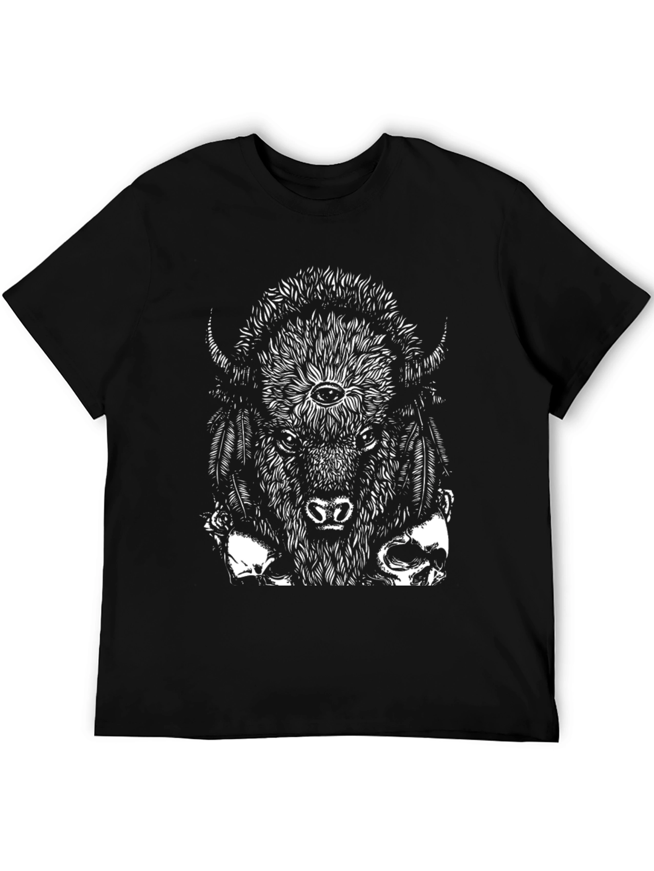 Bison Skull Graphic Tee - Black Cotton T-Shirt