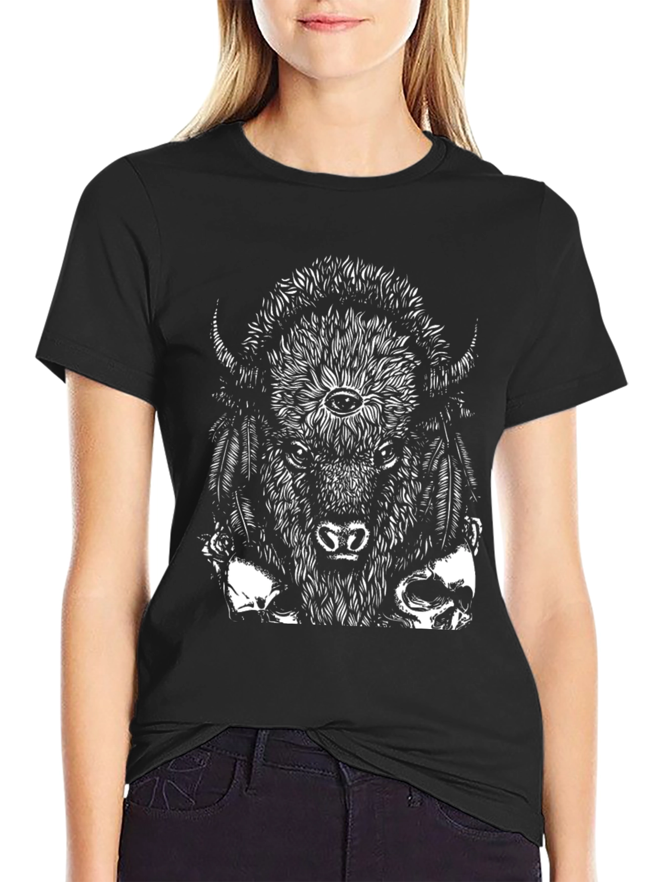 Bison Skull Graphic Tee - Black Cotton T-Shirt