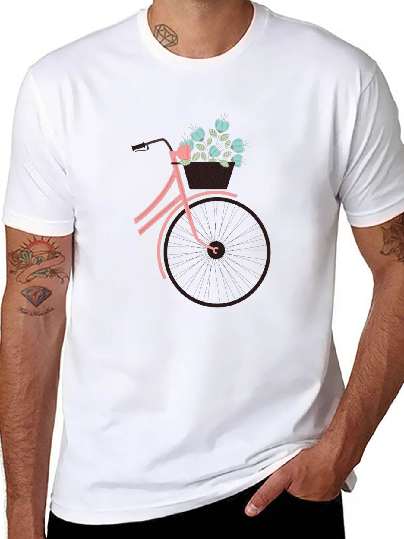 Black Graphic Tee: Bicycle with Flower Basket