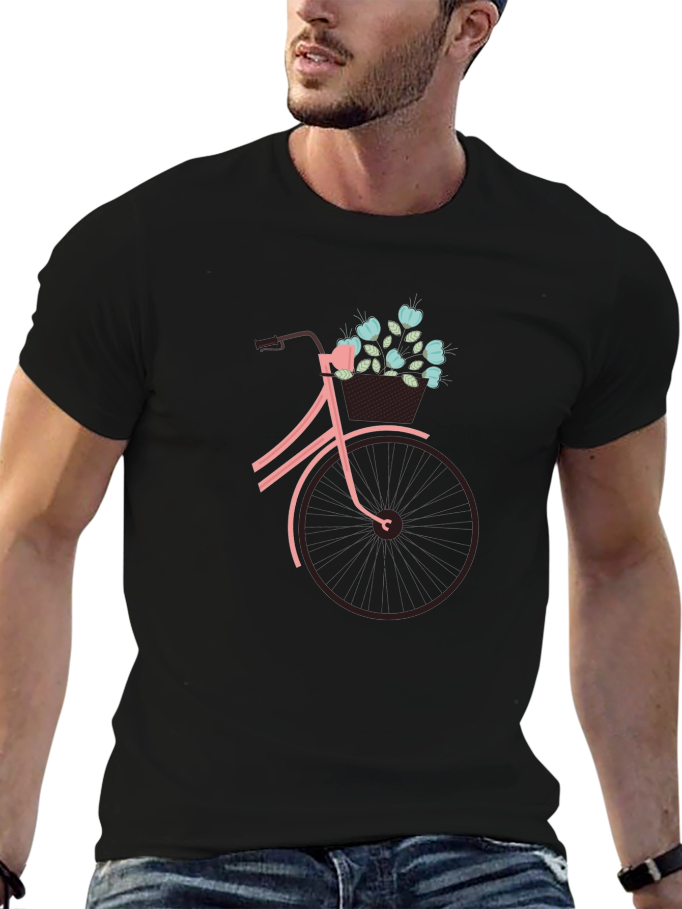 Black Graphic Tee: Bicycle with Flower Basket