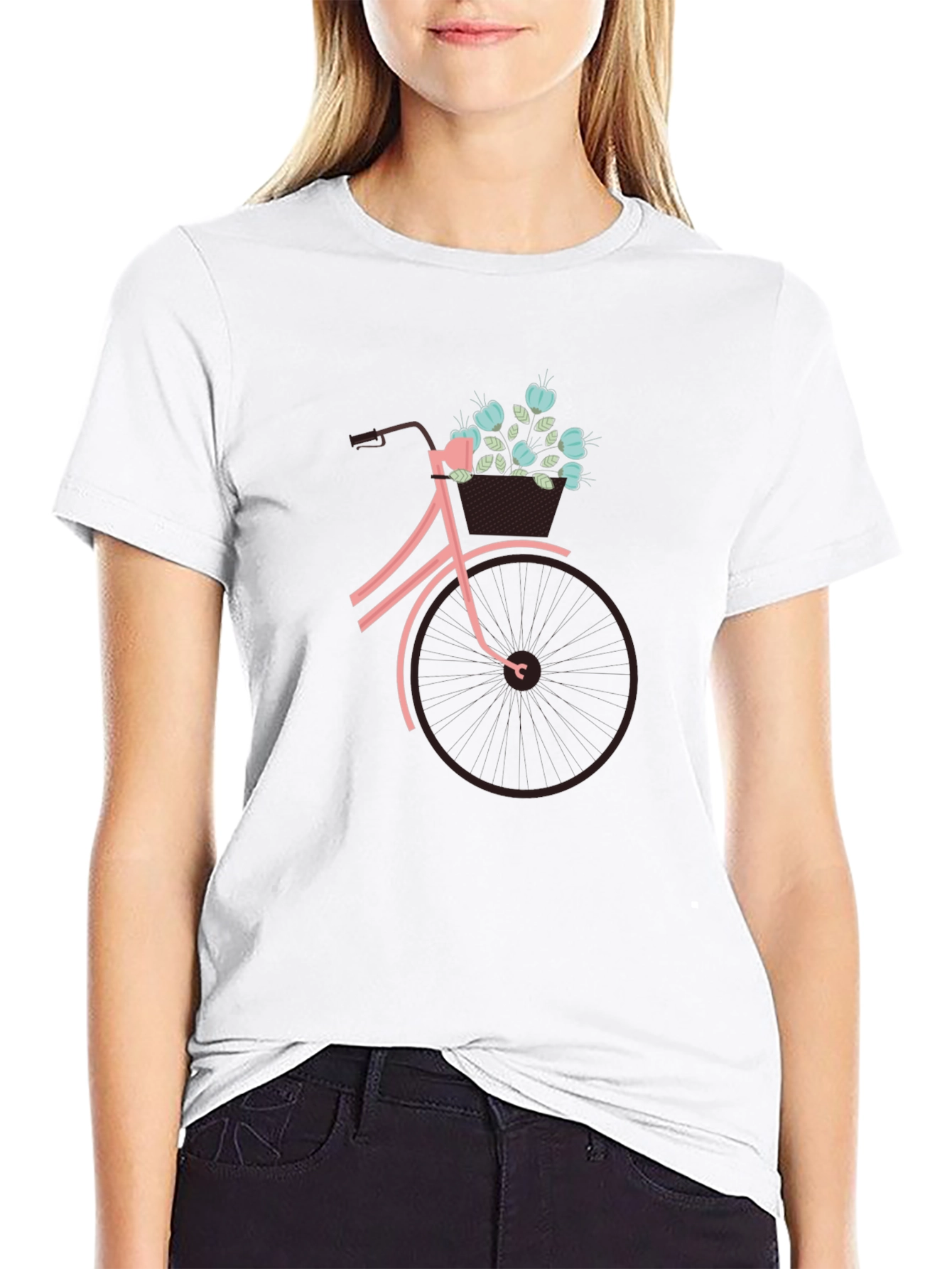 Black Graphic Tee: Bicycle with Flower Basket