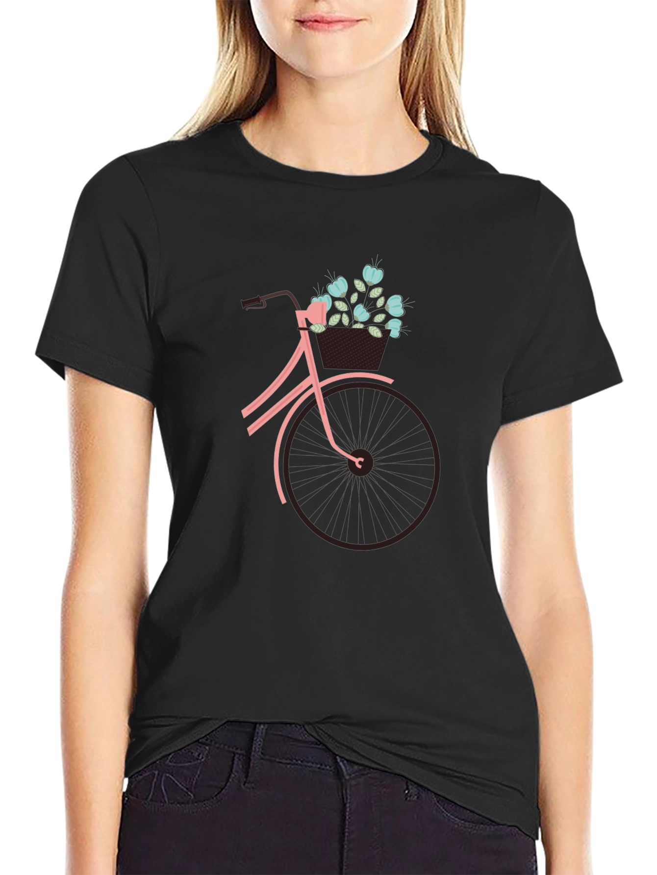 Black Graphic Tee: Bicycle with Flower Basket