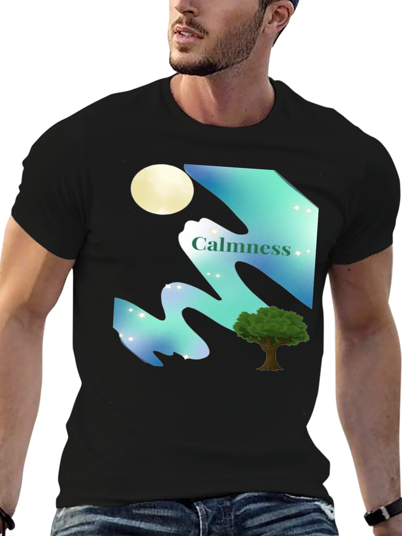 Calmness Night Scene Graphic T-Shirt - Black