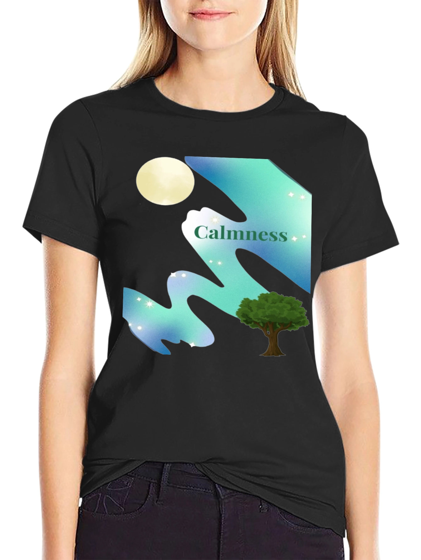 Calmness Night Scene Graphic T-Shirt - Black