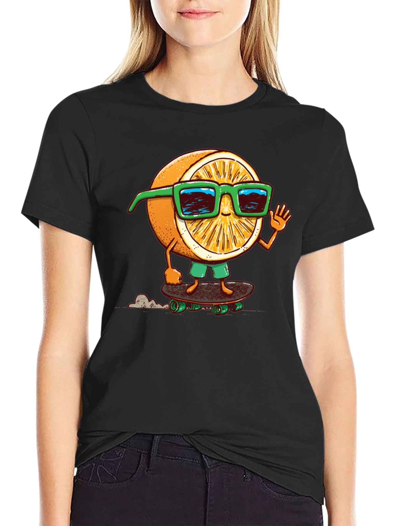 Cool Orange Skateboarder Graphic Tee - Black