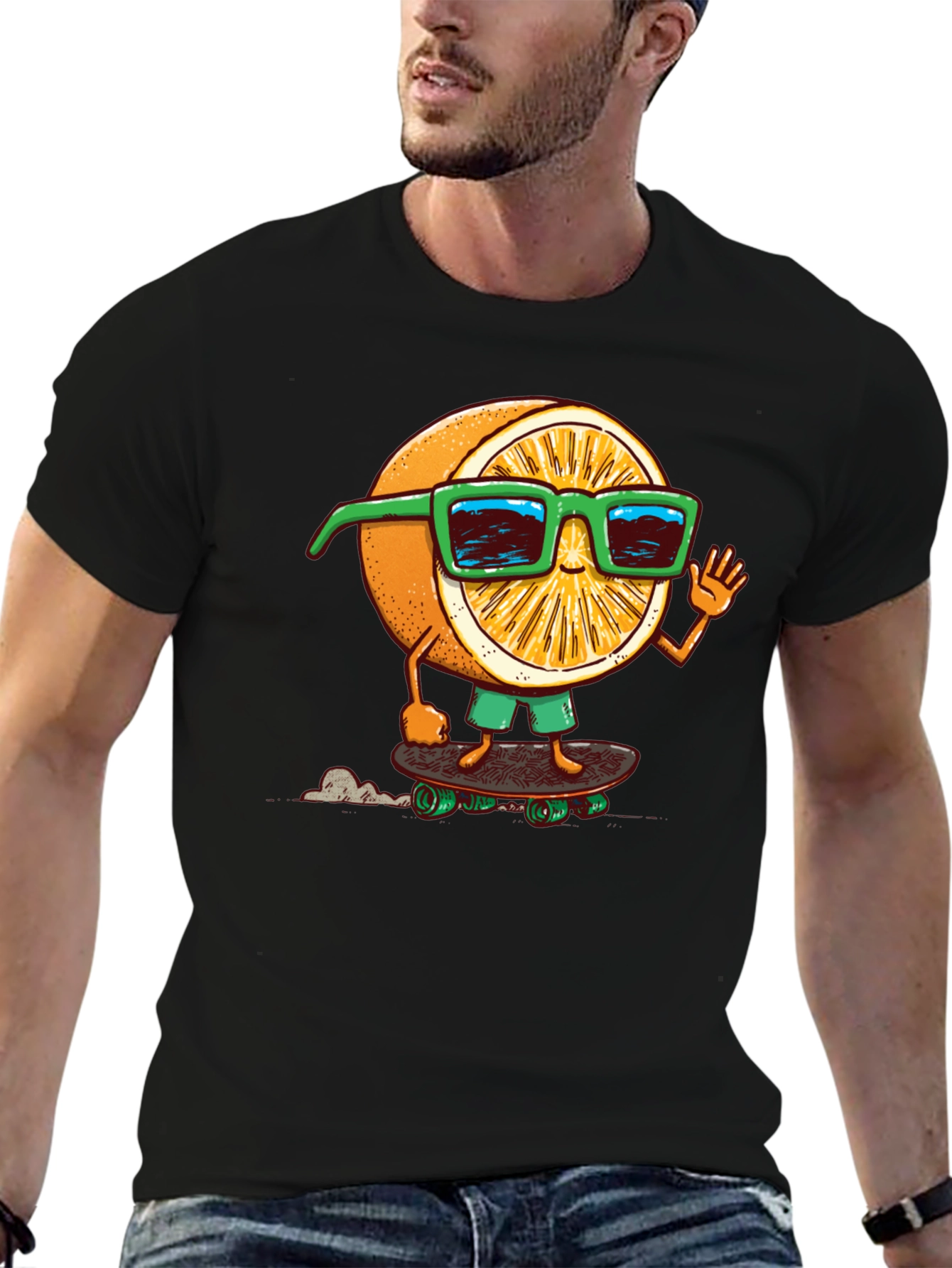 Cool Orange Skateboarder Graphic Tee - Black