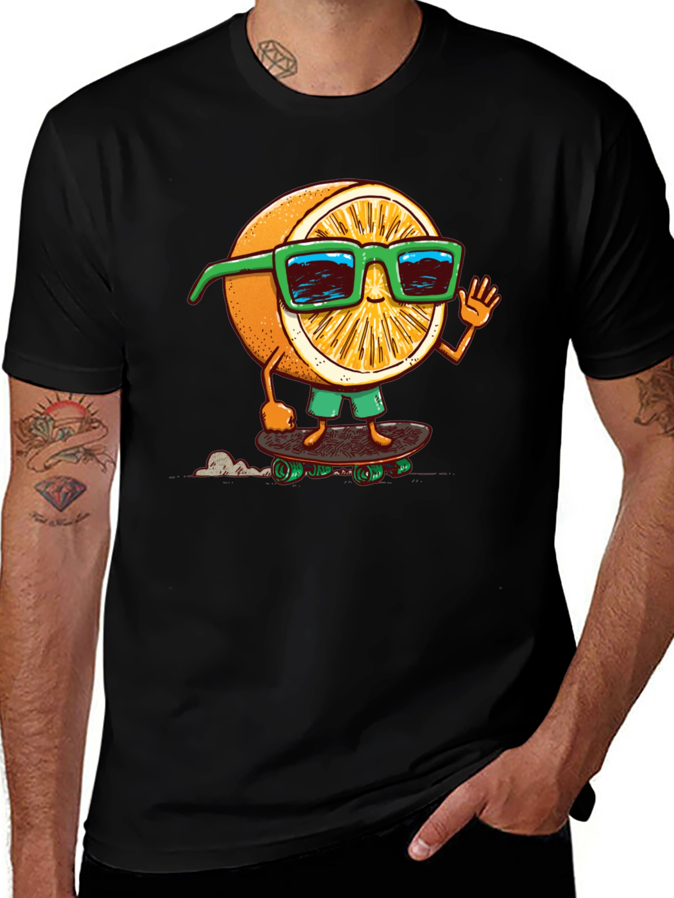 Cool Orange Skateboarder Graphic Tee - Black