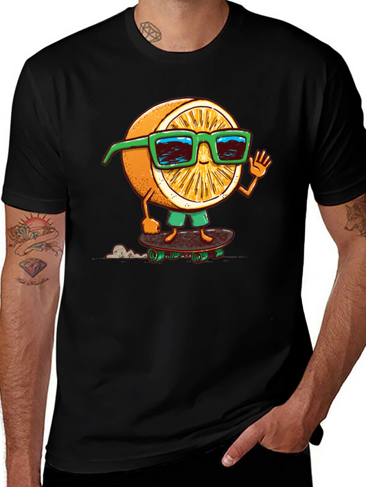 Cool Orange Skateboarder Graphic Tee - Black