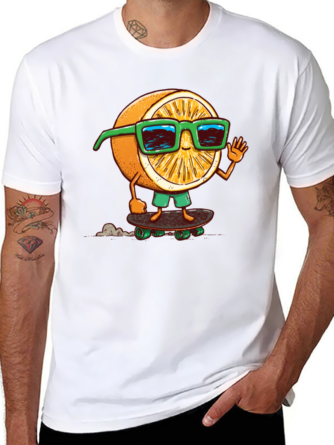 Cool Orange Skateboarder Graphic Tee - Black