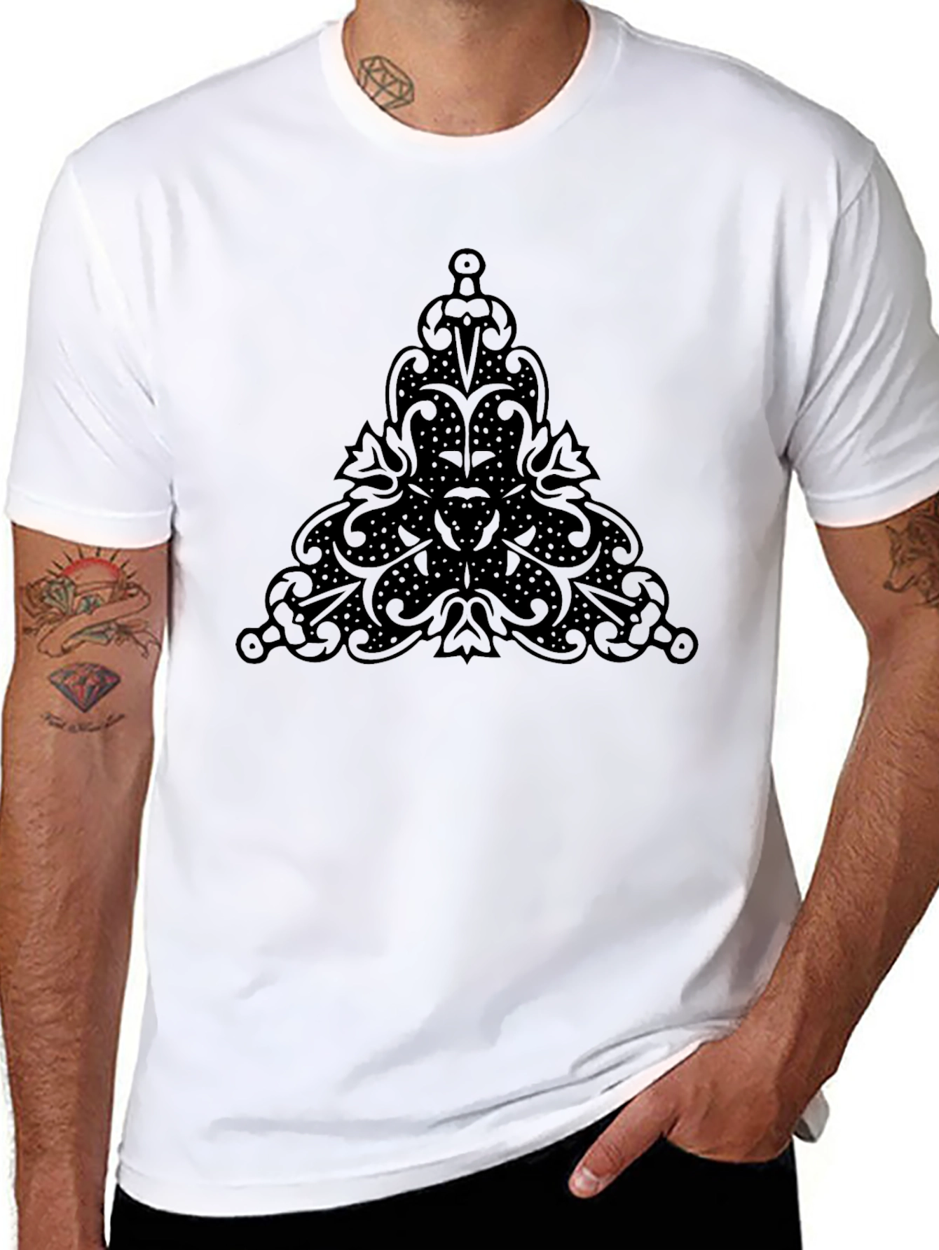 Mens Black T-Shirt with Ornamental Triangle Design