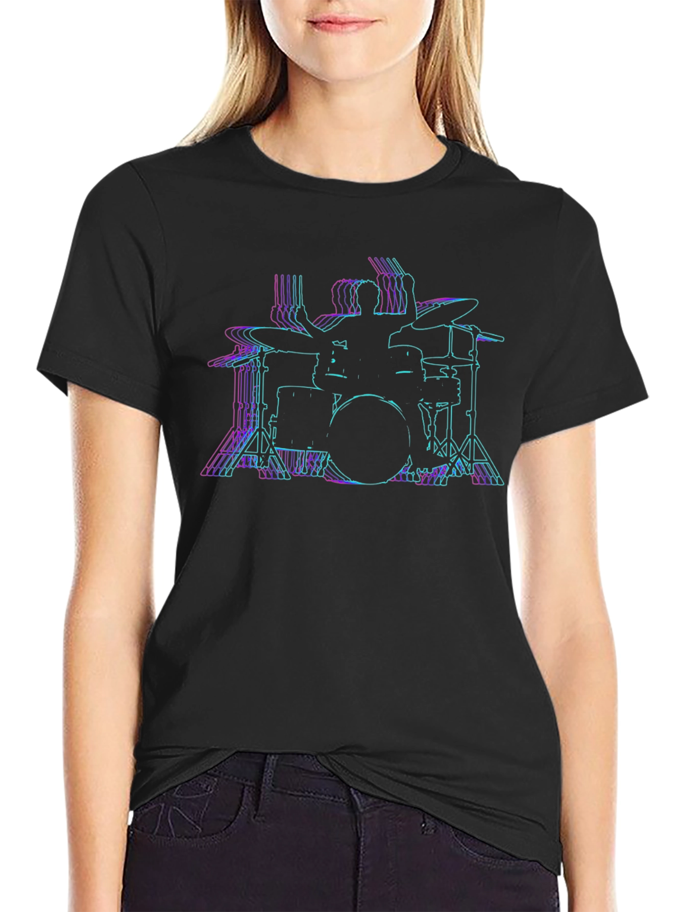 Drummer Outline Black T-Shirt - Music Lover Tee